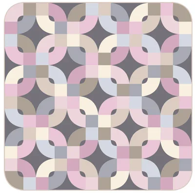 Modern Double Wedding Ring quilt mockup in soft grays and pinks, alongside traditional red and green arcs on cream, and a pastel blue and purple version with scalloped edges.