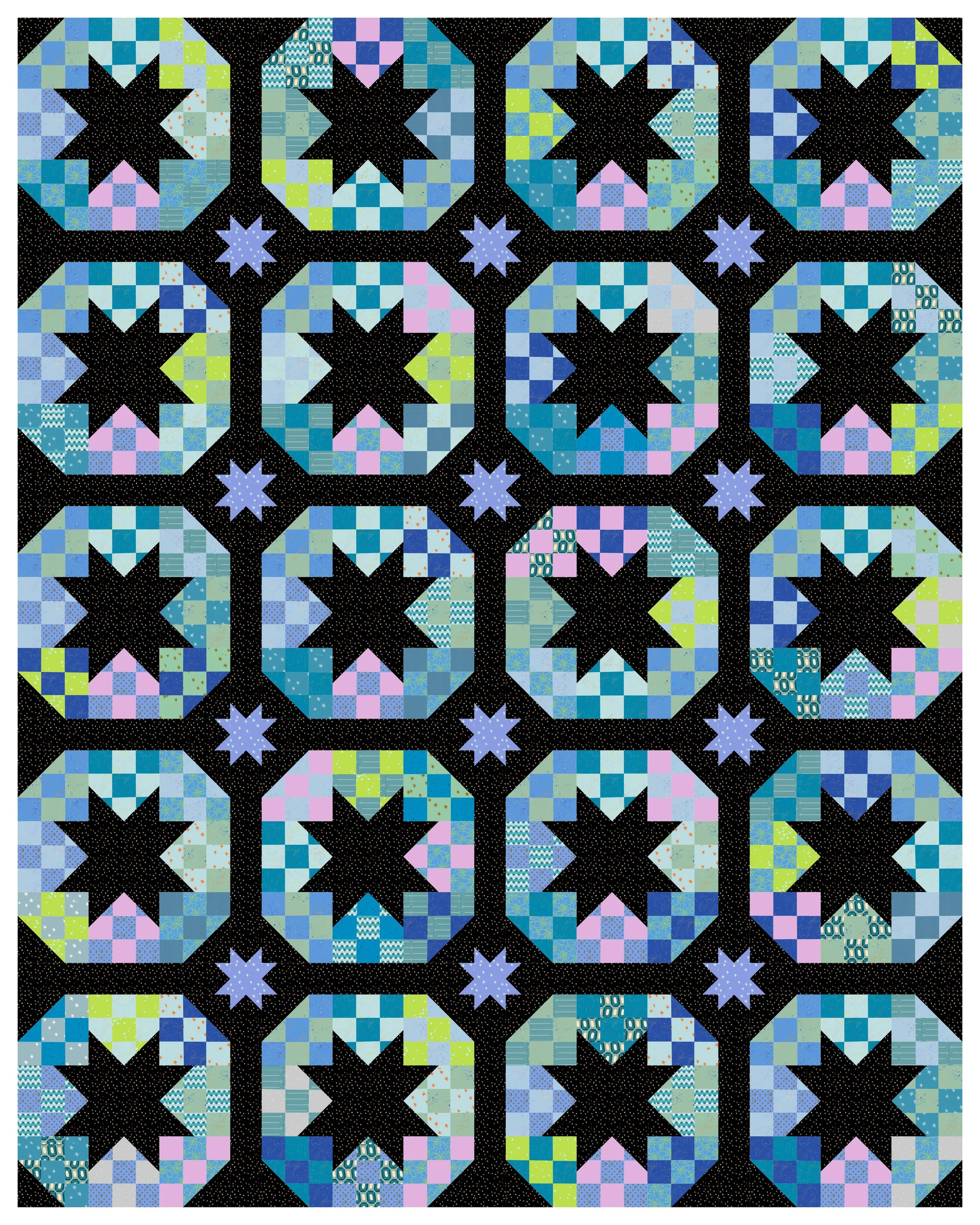 Disco Stars Glassy quilt mockup with blue and green Ruby Star Society fabrics.