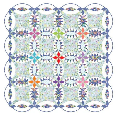 Double Wedding Ring quilts shown in three styles: minimalist gray and pink, vintage-inspired red and green, and detailed multicolor with scalloped borders.