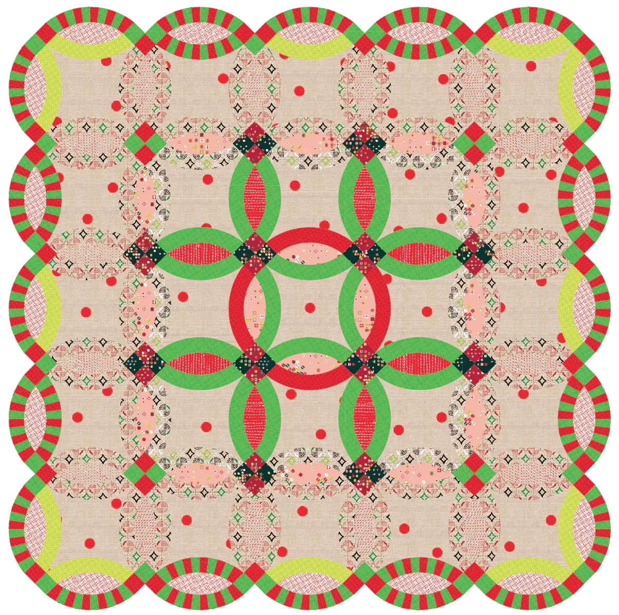 Three variations of the Double Wedding Ring quilt pattern—muted modern tones, festive holiday colors, and a bright pastel version with intricate piecing.