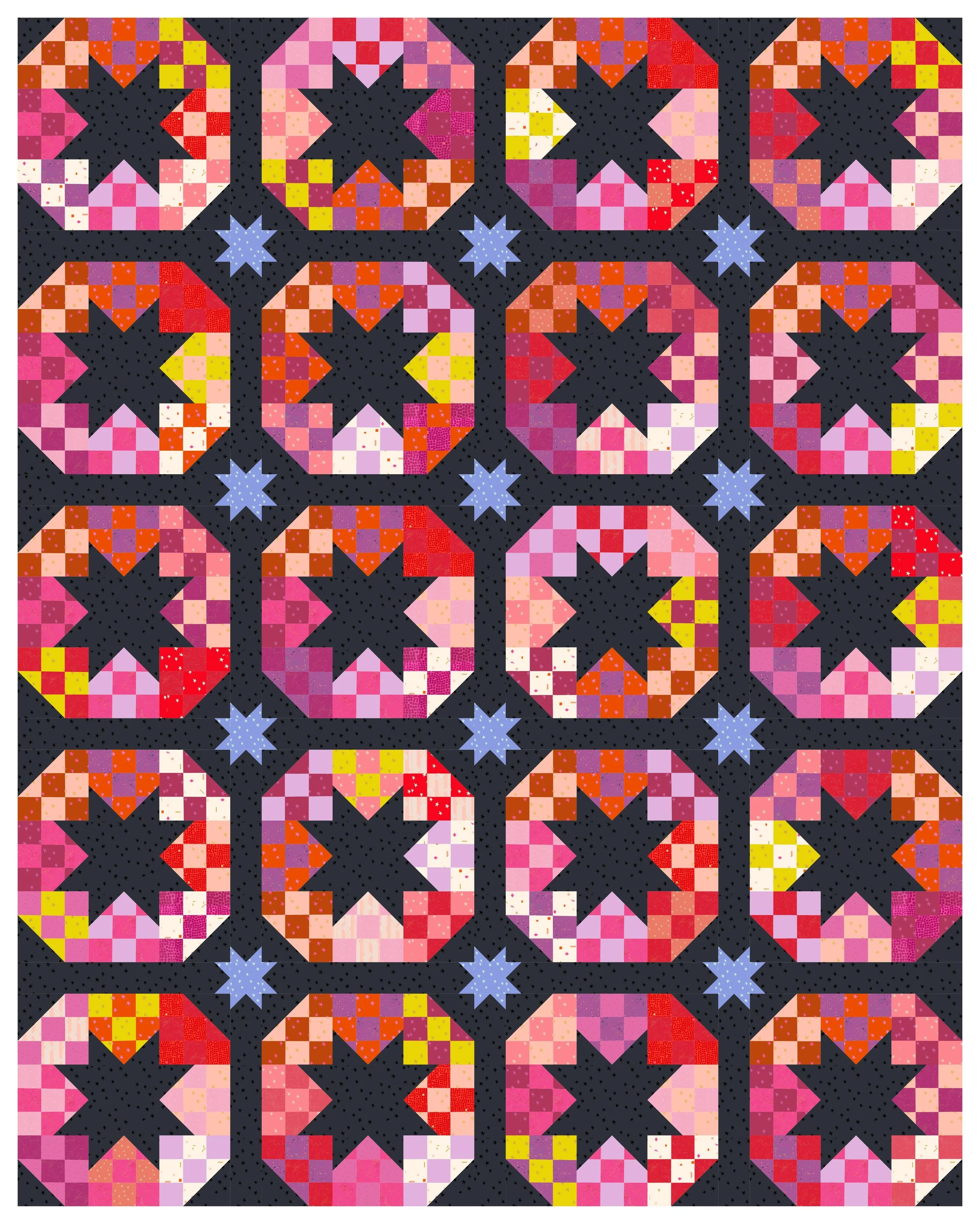 Disco Stars Fever Charcoal quilt mockup with pink and red Ruby Star Society fabrics.