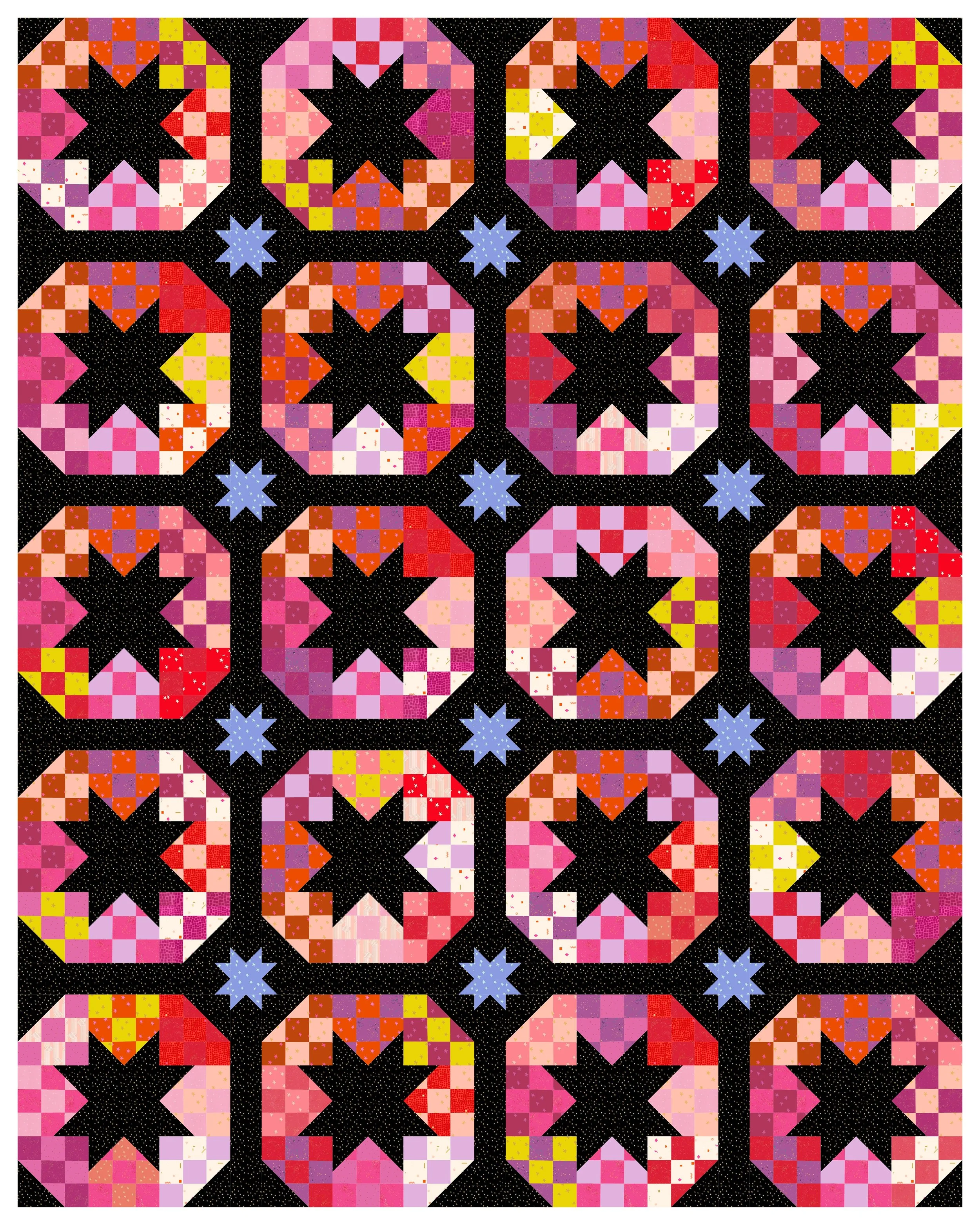 Disco Stars Fever Black Gold quilt mockup with bold red and gold Ruby Star Society fabrics.
