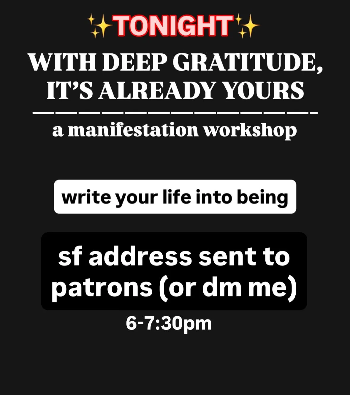 very last minute i&rsquo;ve decided to host a manifestation workshop in my art studio. i&rsquo;ll guide you through a manifestation practice that&rsquo;s more like a mind set for abundant being.

📝bring your journal
✨your light
🙏 your abundant drea