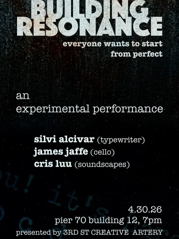 are you an artist, creator, maker, human who just wants/needs to set down perfectionism for a bit? 💯

then come PLAY with us! 🥳
and an experimental performance with a typewriter, a cello, shipyard building soundscapes, something primal, the absurd,