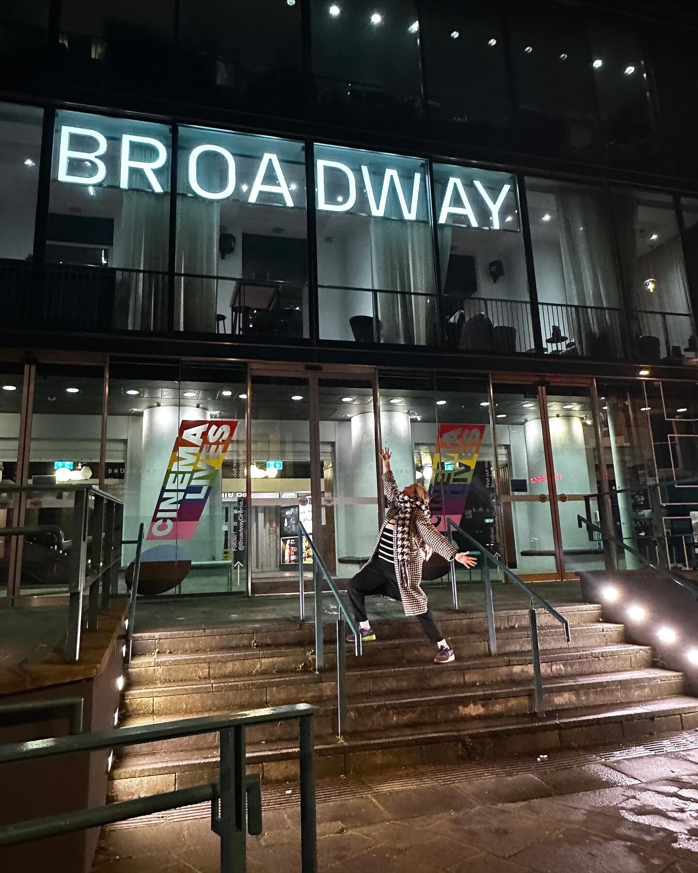 Bright lights of Broadway! But, it&rsquo;s Nottingham and a cinema. Myself &amp; @marygcross had a moment on the steps. 🪩🪩🪩🪩