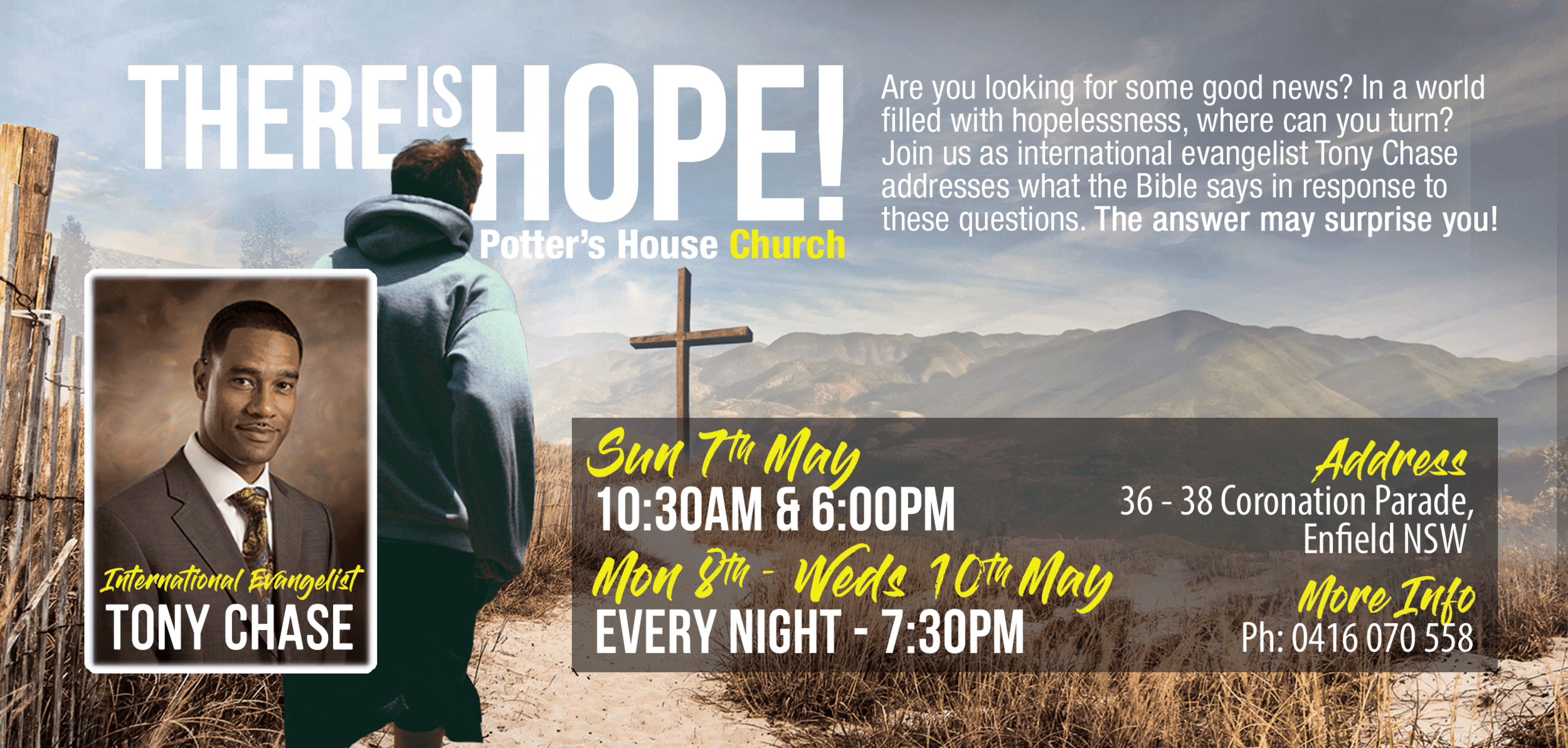 Evangelist Tony Chase preachers Gods grace and power not only to heal but to transform lives. Join us this May for a powerful time in Christ, set in the date in your calendar and come to expect a miracle.