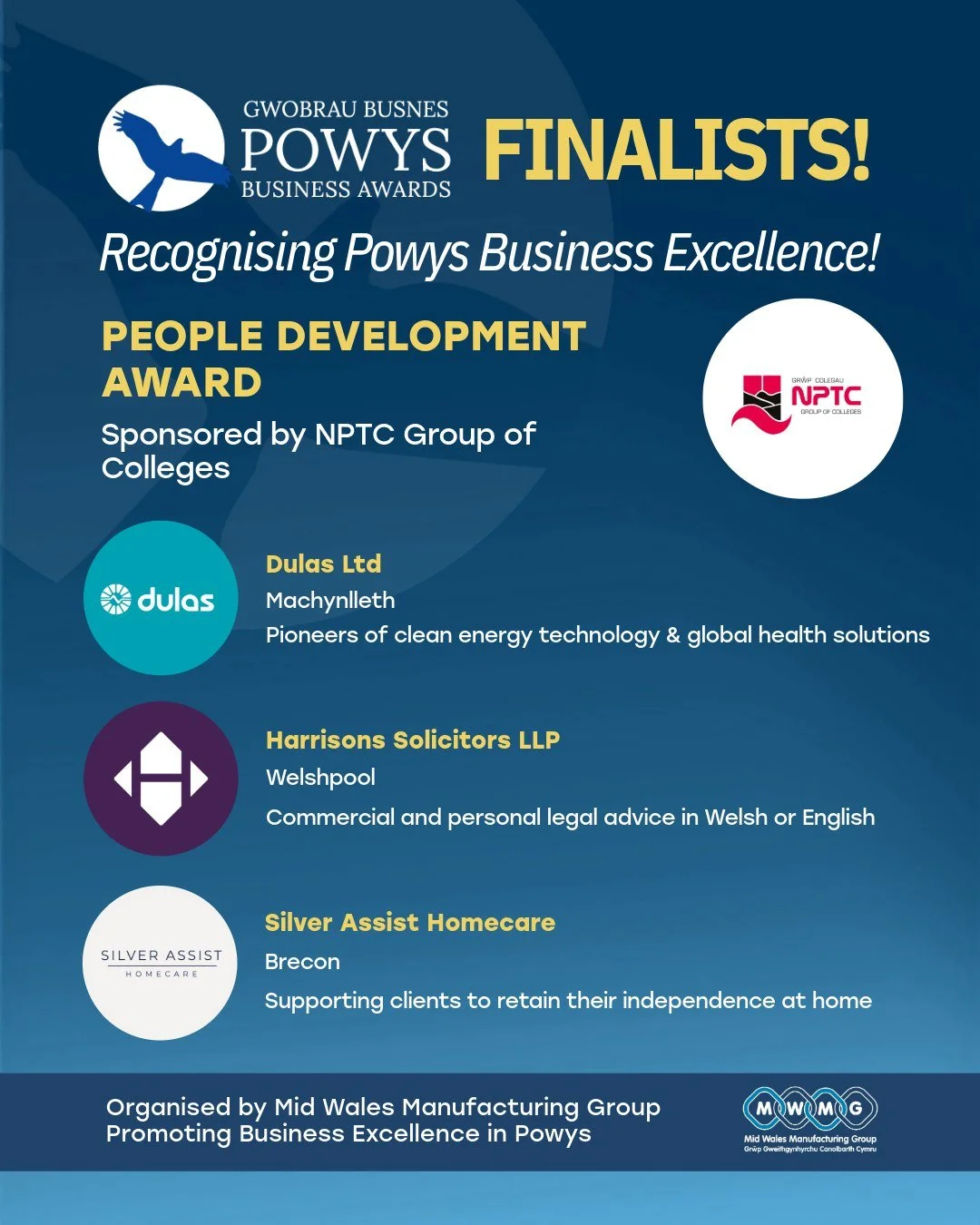 GWOBRAU BUSNES POWYS BUSINESS AWARDS FINALISTS! 📣

PEOPLE DEVELOPMENT AWARD 
Sponsored by Grŵp Colegau NPTC Group of Colleges 

Dulas Ltd 
Machynlleth
Pioneers of clean energy technology &amp; global health solutions

Harrisons Solicitors (@harrison