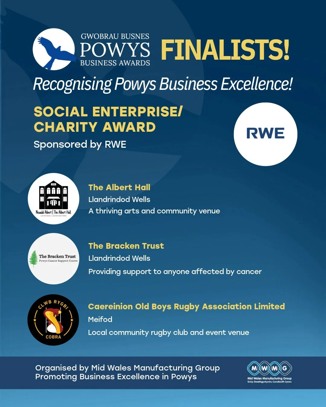 GWOBRAU BUSNES POWYS BUSINESS AWARDS FINALISTS! 📣

SOCIAL ENTERPRISE/CHARITY AWARD
Sponsored by RWE

The Albert Hall, Llandrindod Wells (@thealberthalllw)
Llandrindod Wells
A thriving arts and community venue

The Bracken Trust (@thebrackentrustltd)