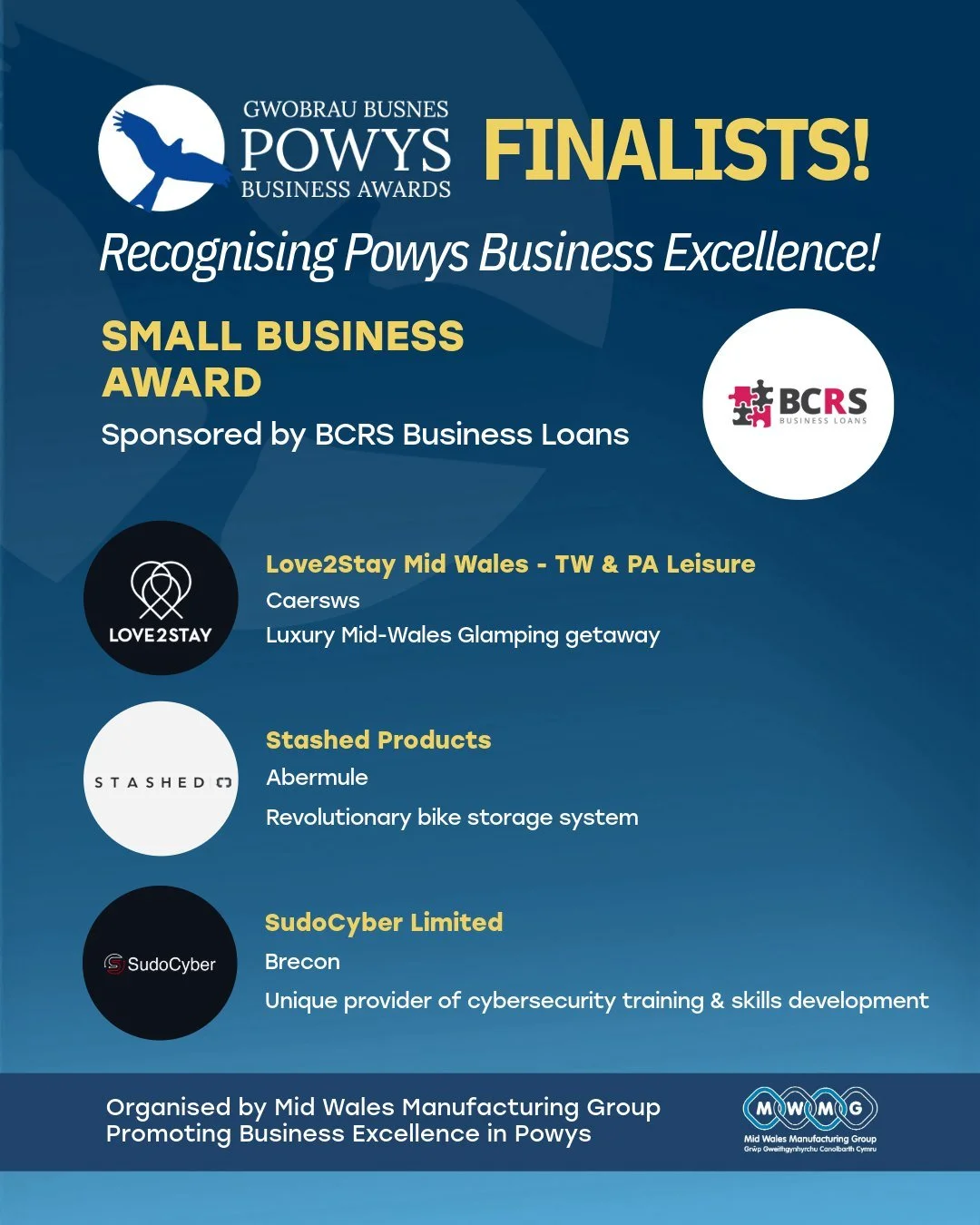 GWOBRAU BUSNES POWYS BUSINESS AWARDS FINALISTS! 📣

SMALL BUSINESS AWARD
Sponsored by BCRS Business Loans

Love2Stay - Mid Wales (@love2staymidwales)
Caersws
Luxury Mid-Wales Glamping getaway

Stashed Products (@stashedproducts)
Abermule
Revolutionar