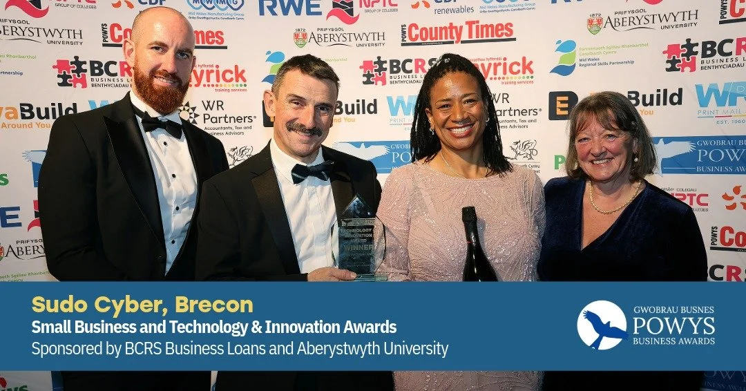 🛡️ Double win for SudoCyber, Brecon—taking home both the Small Business Award and Technology & Innovation Award at the Powys Business Awards 2025! From military-grade cyber training to life-saving impact in warzones, they’re proving