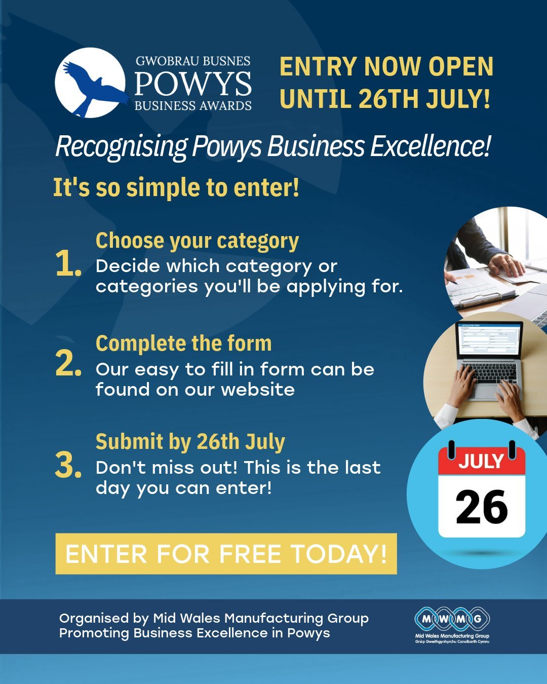 Entries for the Powys Business Awards 2026 are now open &mdash; and it&rsquo;s completely free to take part!

If you&rsquo;re a business in Powys, this is a brilliant chance to celebrate what you do and get recognised for it. It only takes three simp