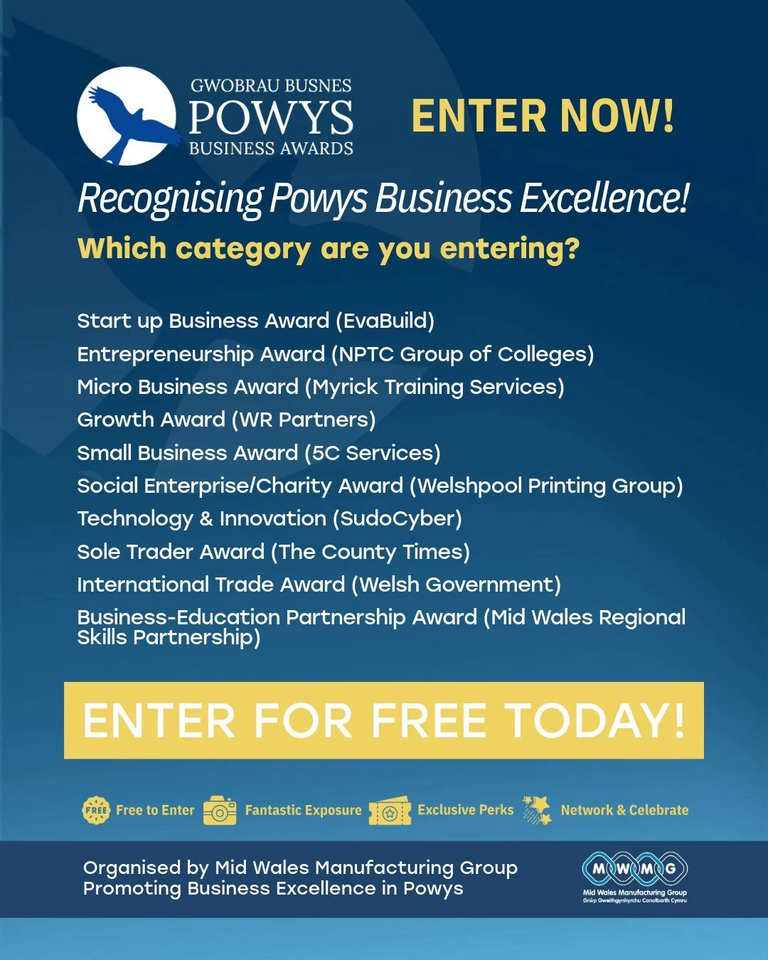 Entries for the Powys Business Awards 2026 are now open &mdash; and it&rsquo;s completely free to enter.

With categories covering everything from start‑ups and micro businesses to innovation, international trade, social enterprise and sole traders, 