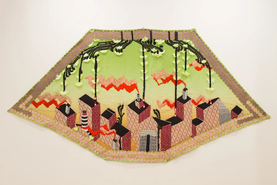 Above: Lindsay Rhyner, City Blocks, fabric, dye, 2018. Below: Lindsay Rhyner, Cotton Field , fabric, acrylic, 10' x 12", 2015. Photos courtesy of the artist