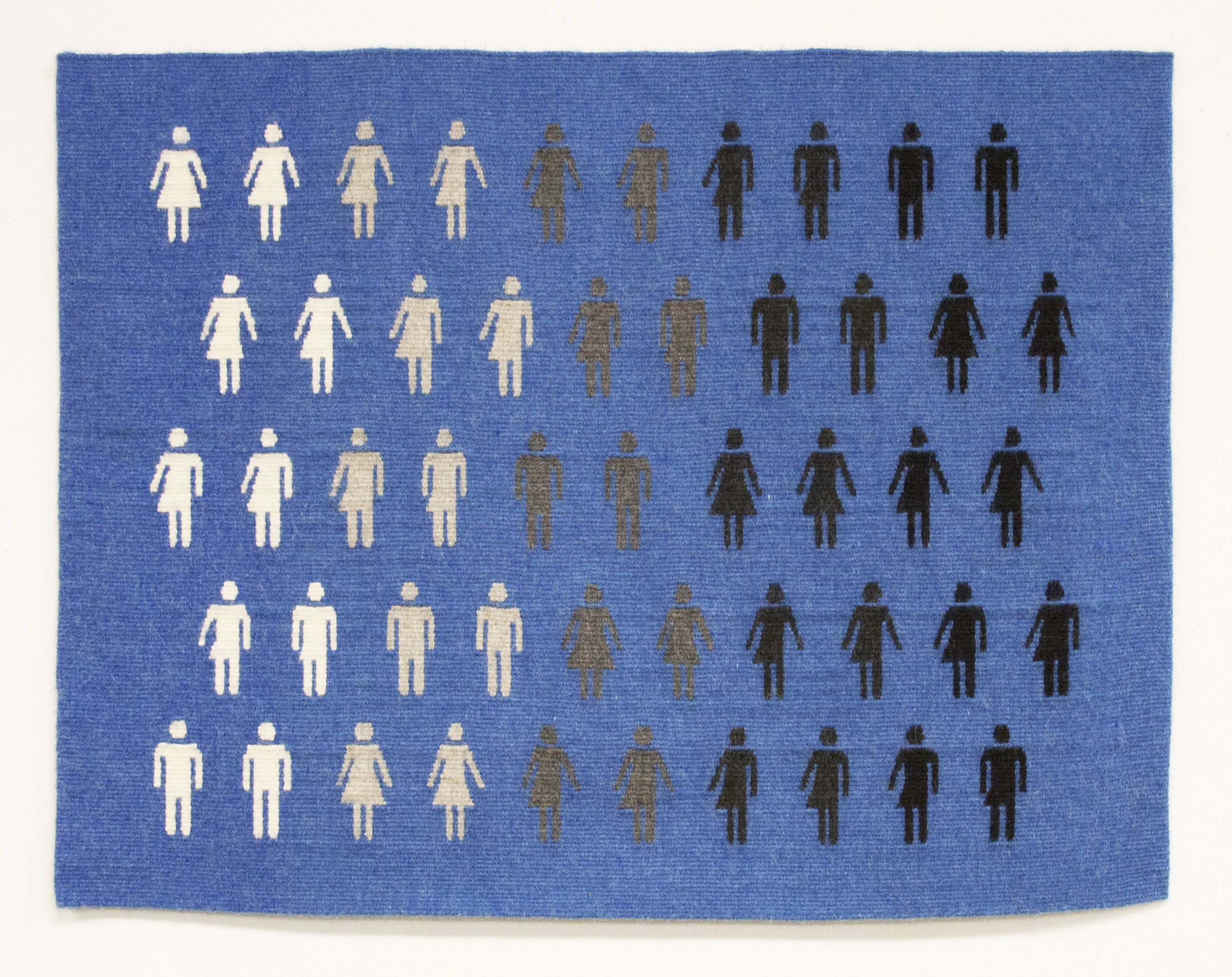 Above: Erika Diamond, Fifty States (or Dating Pool), 24” x 32”, handwoven alpaca tapestry, 2017. Below: Erika Diamond, HB2 Caution Series - 20 figures, 10” x 27”, handwoven alpaca tapestry, 2016. Photos courtesy of the artist