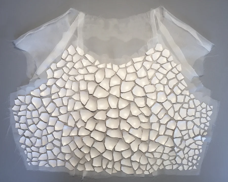 Erika Diamond, Eggshell Bodice, 16” x 20” x 1”, eggshells, silk, 2017. Photo courtesy of the artist