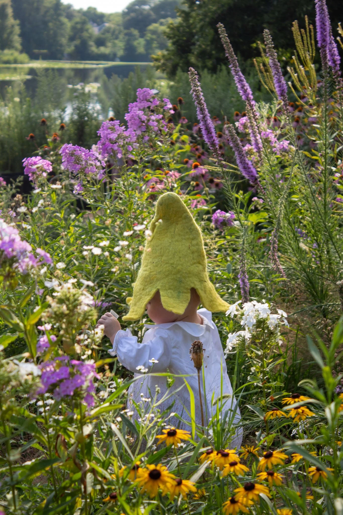 Baby in a green felt hat and white outfit standing among purple, yellow, and white wildflowers beside a sunlit pond.