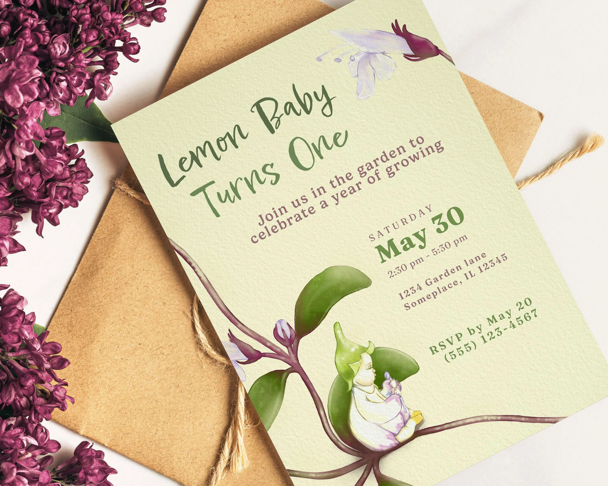 Lemon garden first birthday invitation with watercolor illustrations of a thyme plant and lemon bud character, styled with lilac flowers and a kraft paper envelope.