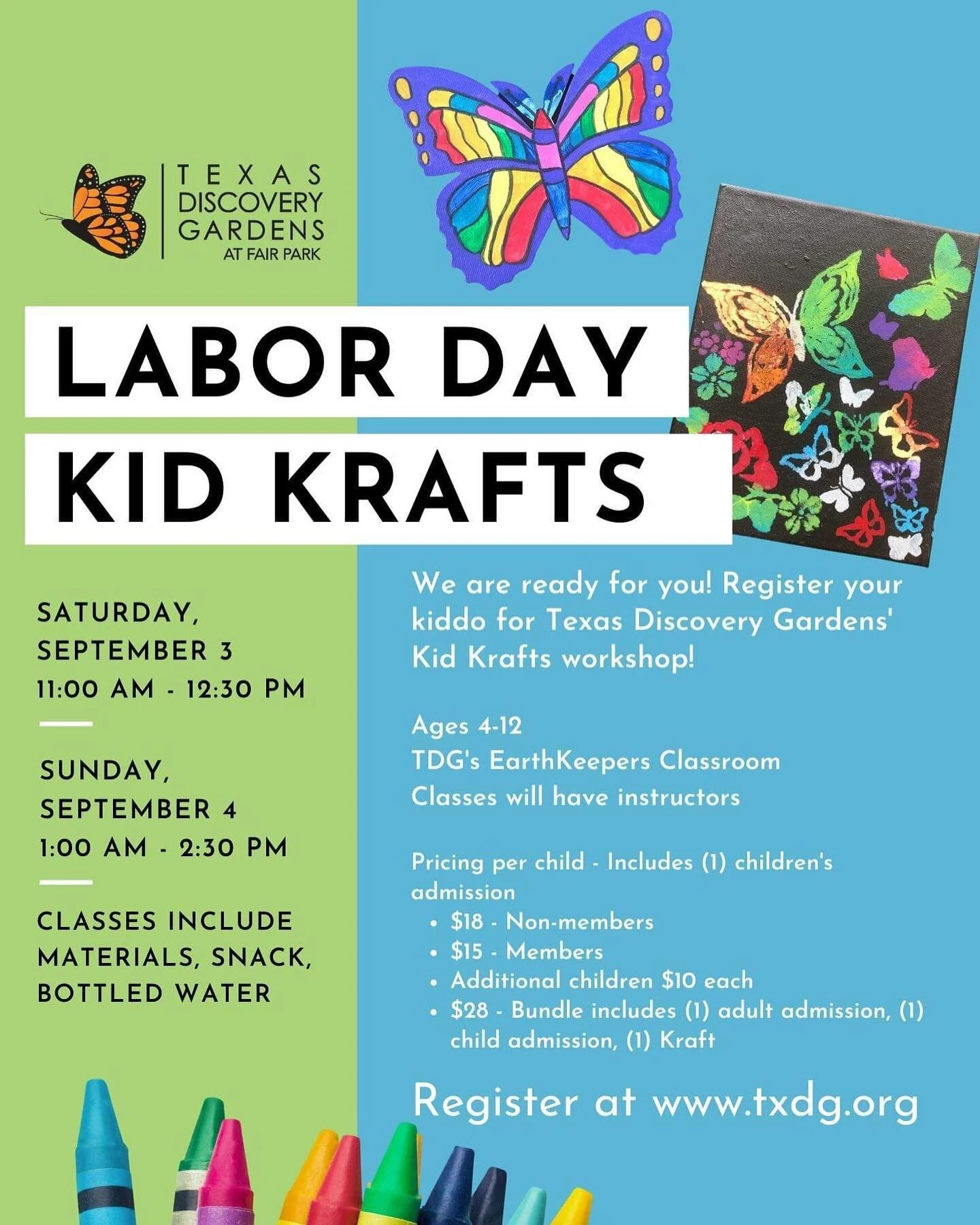 🖍🎨🧑&zwj;🎨Join Texas Discovery Gardens this Labor Day weekend for our first Kids Krafts workshop! Children will have the opportunity to create a unique craft with one of our educators to take home. Register your kiddo now: https://txdg.org/classes
