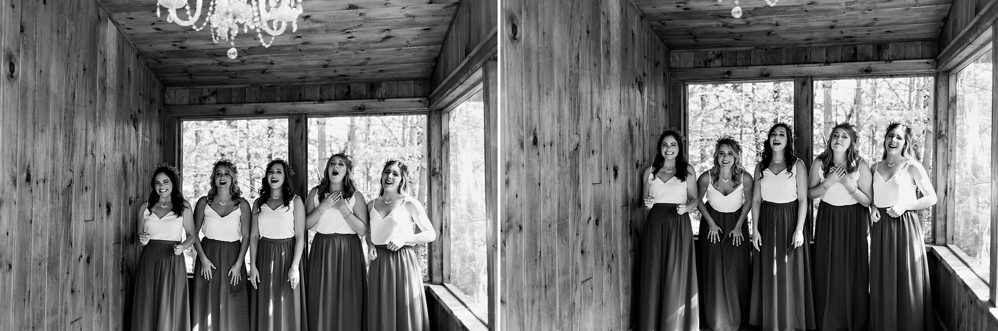 Bridesmaids first look with bride at camp wedding