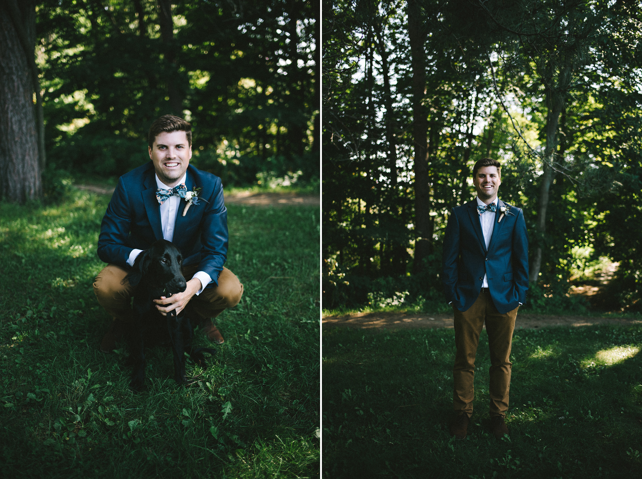 Groom style with floral bowtie and puppy at Parry Sound camp wed