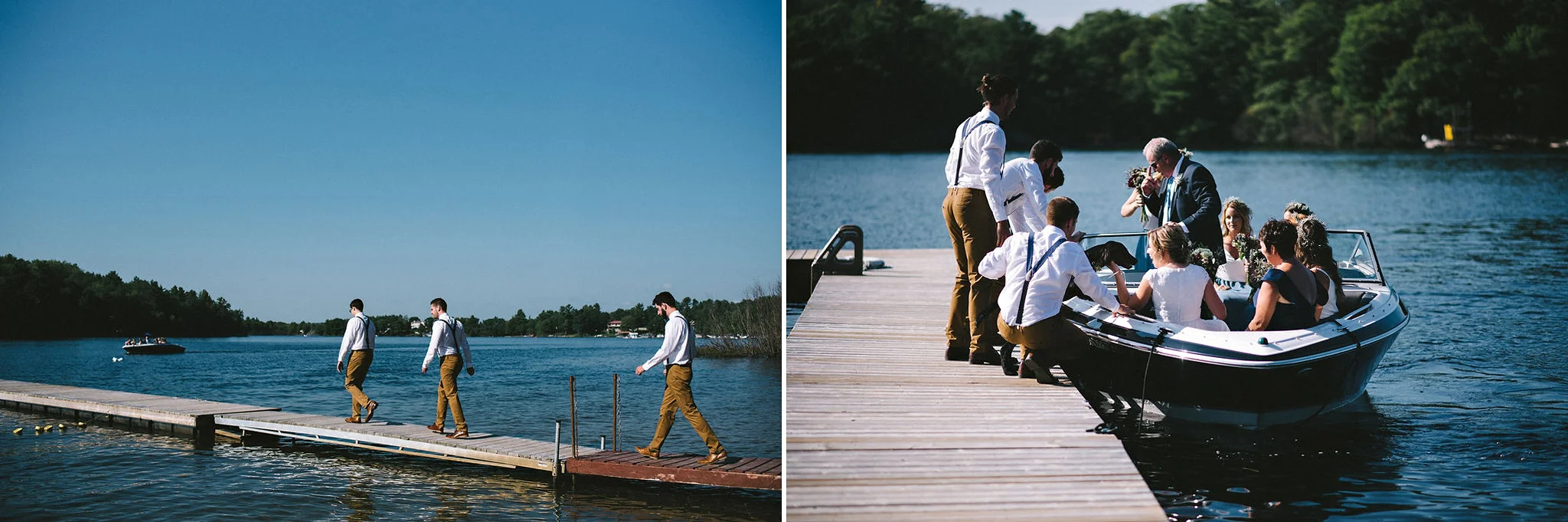 Groomsmen collecting bridesmaids from boat at Parry Sound camp w