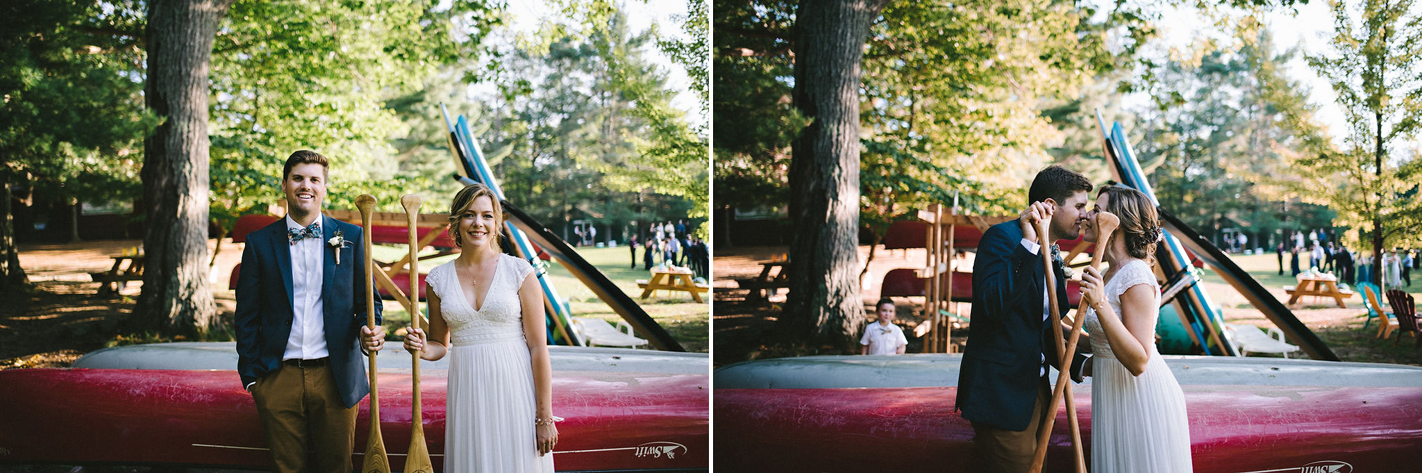 Couple with canoe paddles at Parry Sound camp wedding