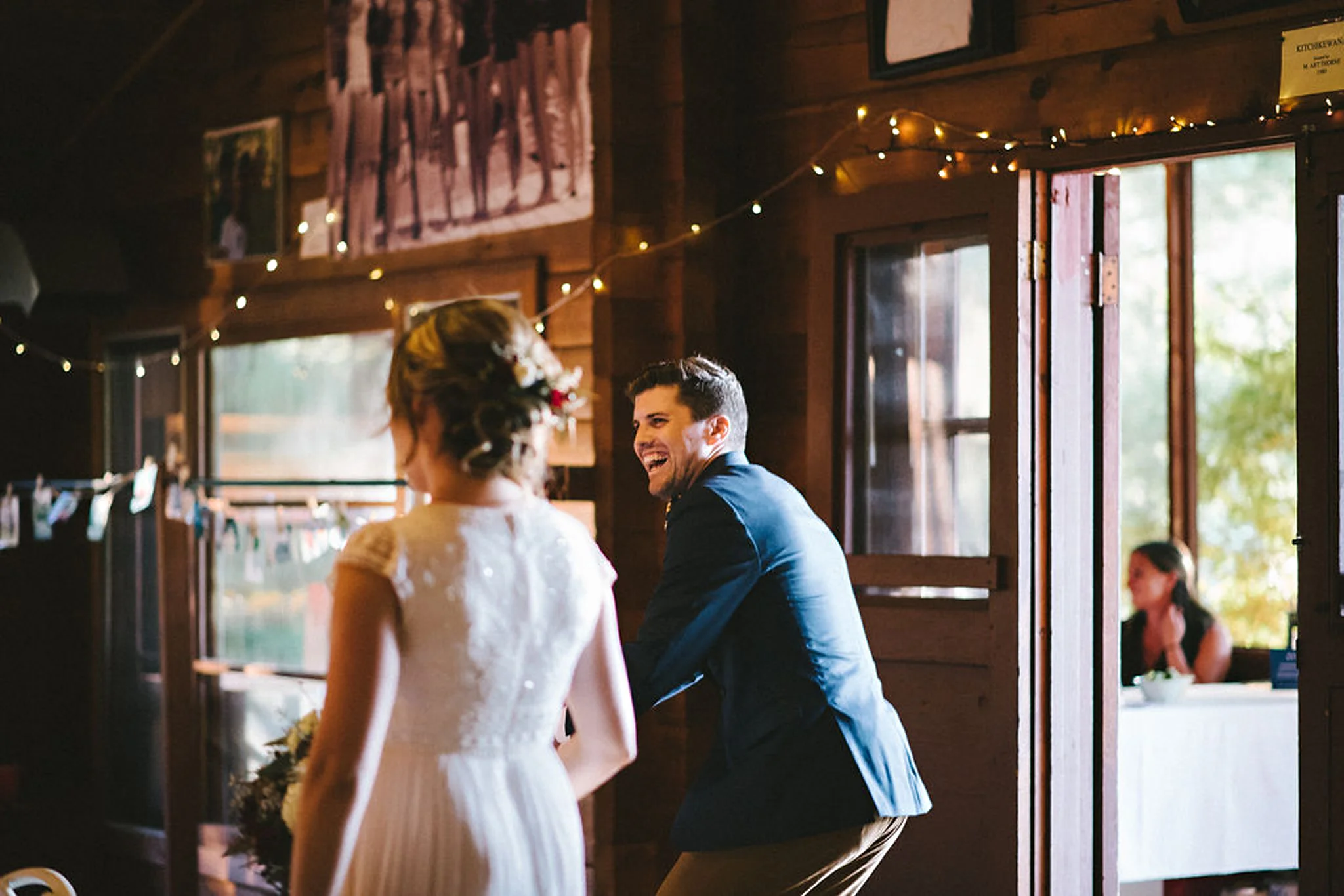 Entering wedding reception at Parry Sound camp wedding