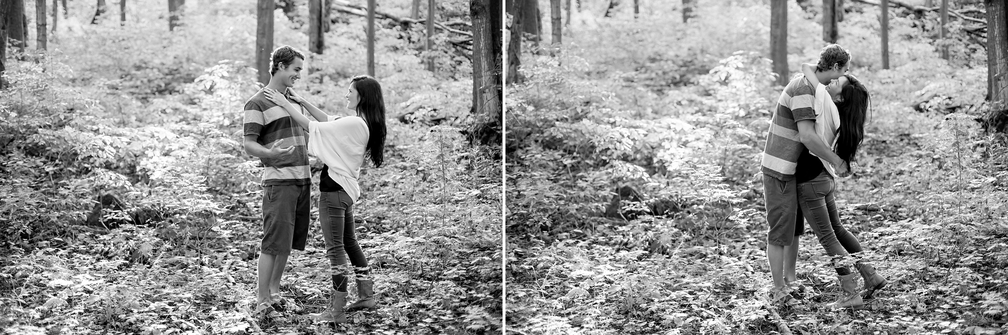 cozy couple in the forest during engagement session at castle gl