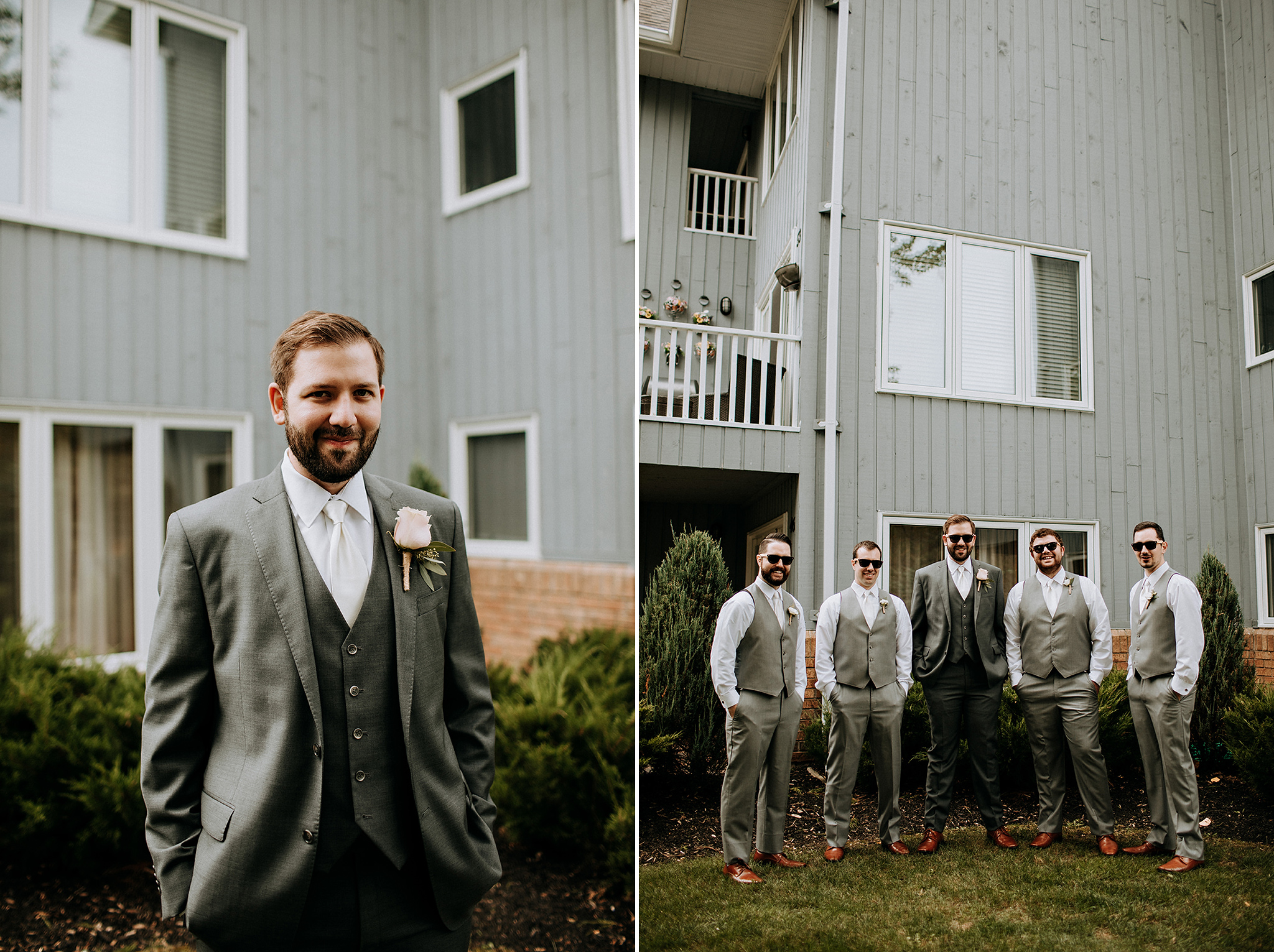 stylish groom and groomsmen in grey at meaford barn wedding