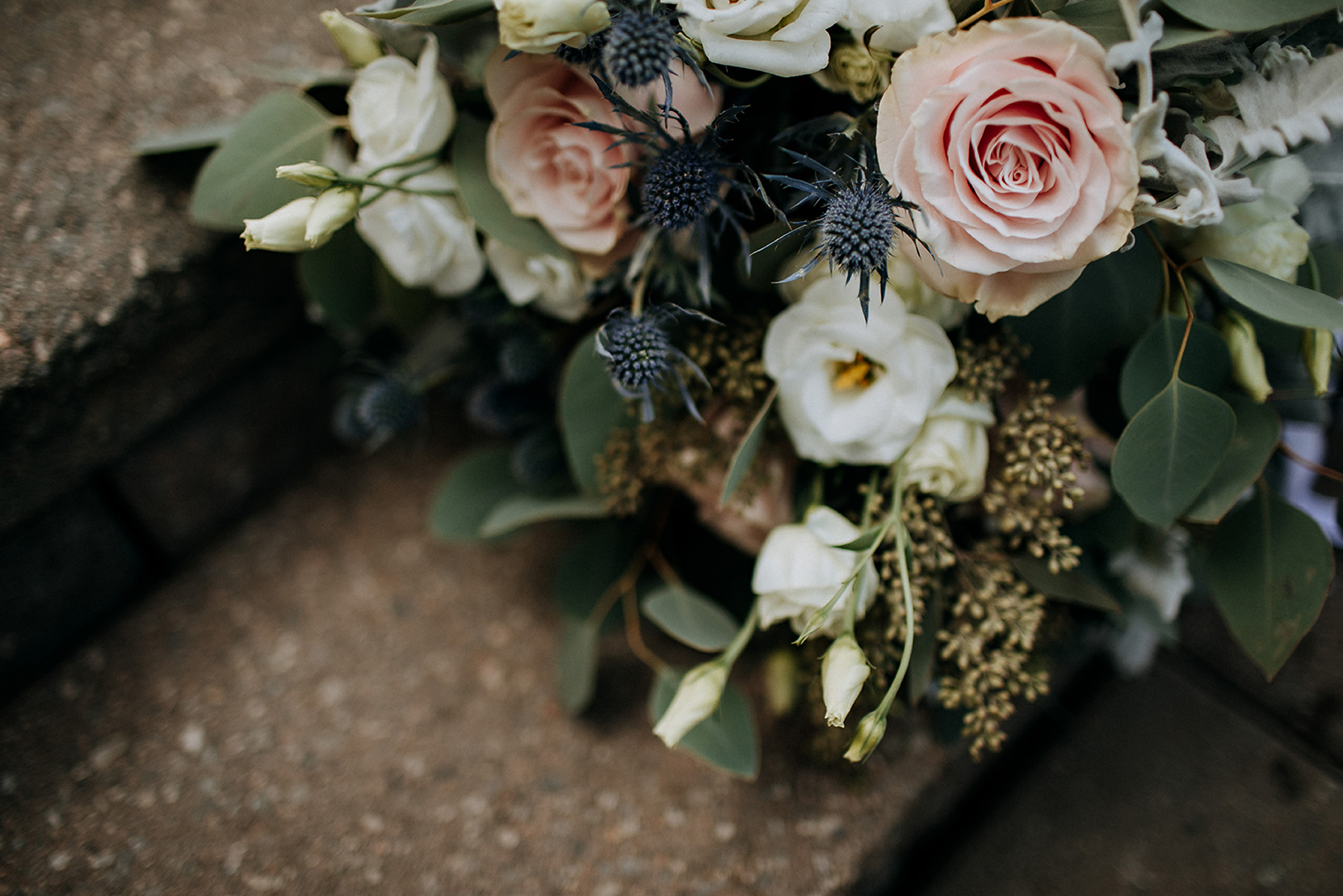 blush white and muted sage bouquet detail at meaford barn weddin