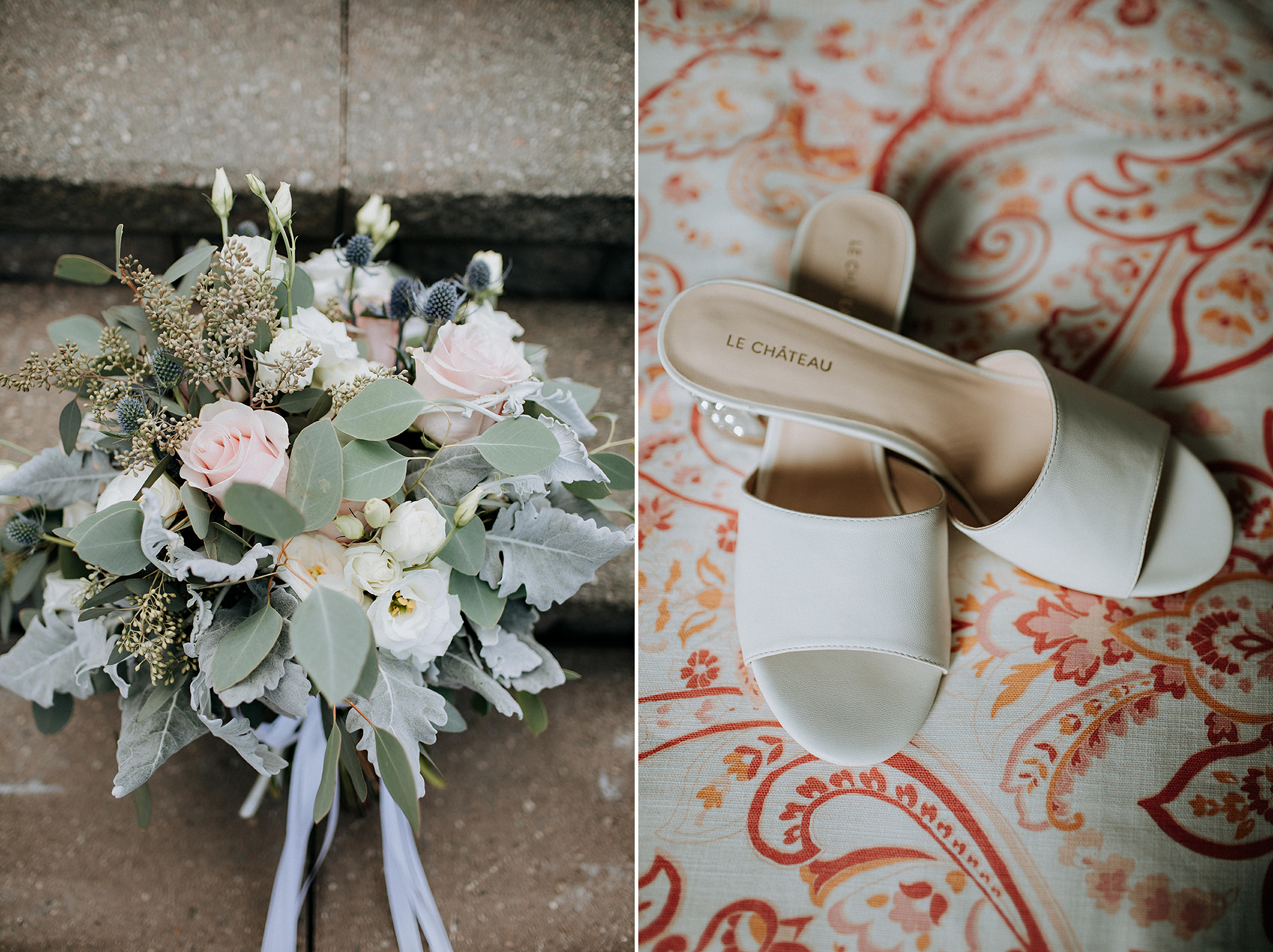 blush bouquet and classy sandles at barn wedding in meaford