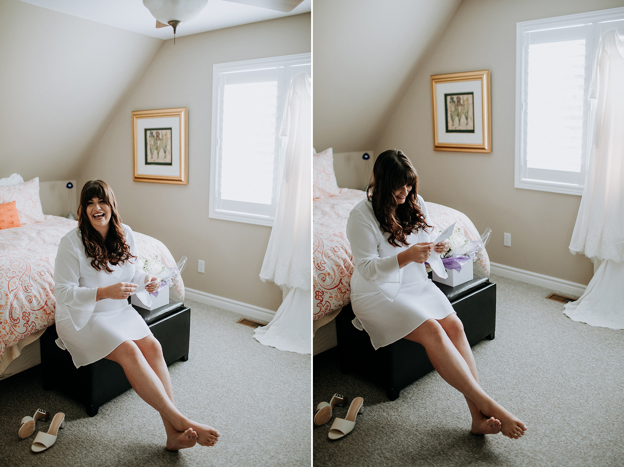 bride laughing while reading her card at meaford barn wedding