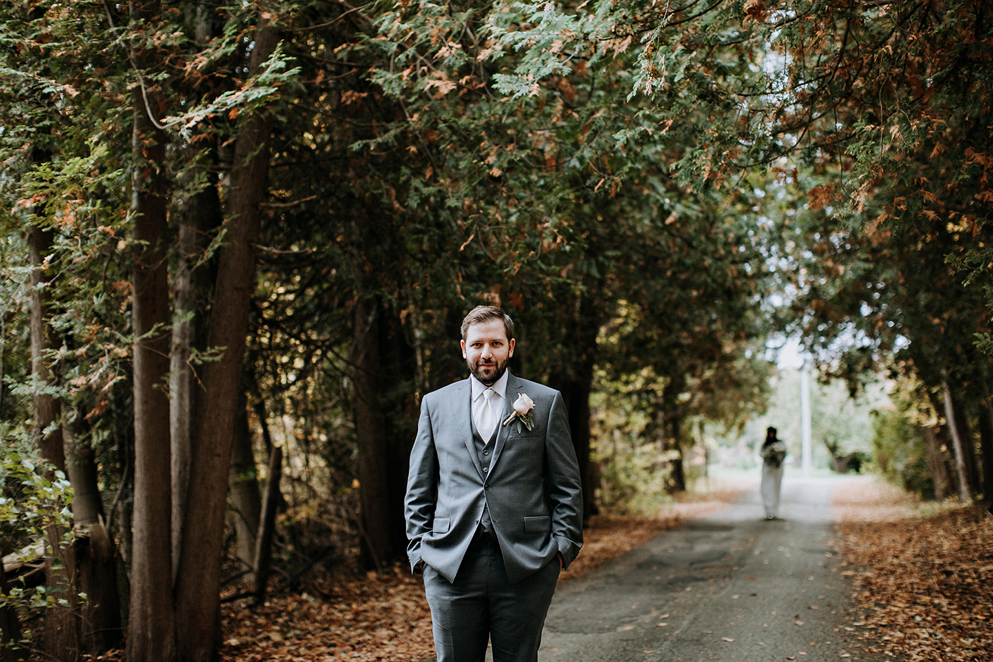 first look in the middle of a cedar forest at meaford barn weddi
