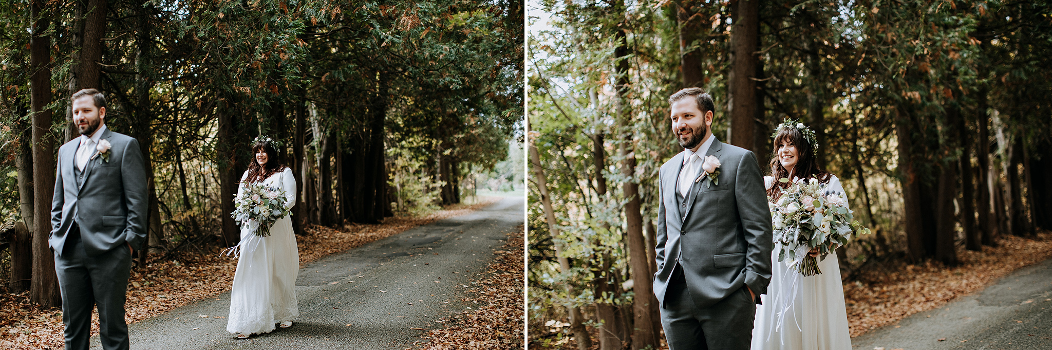 first look in the middle of a cedar forest at meaford barn weddi