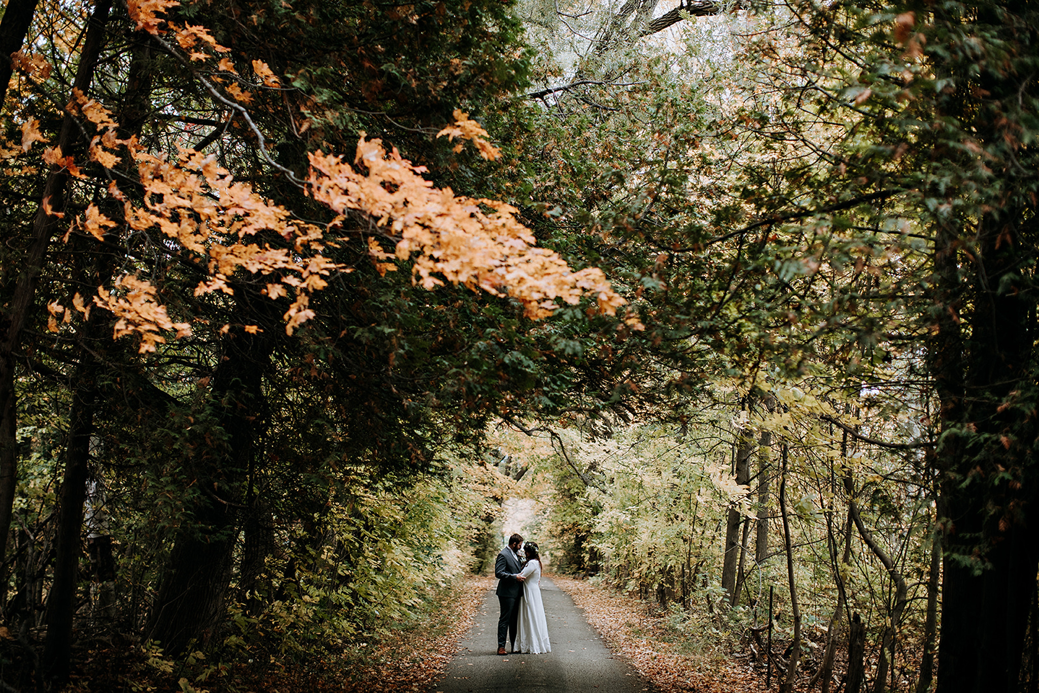 couple in the middle of a cedar forest with autumn colours at me