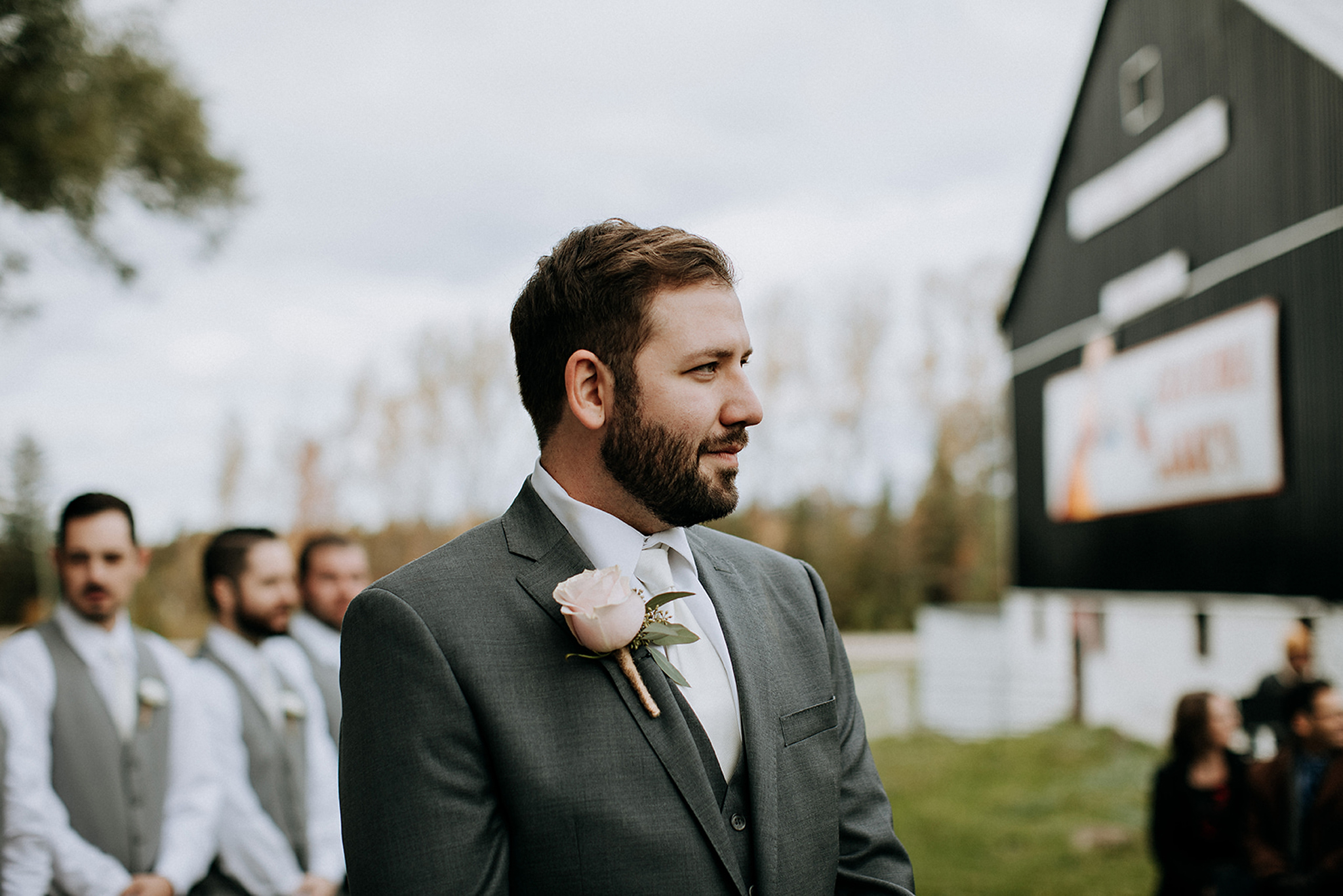 groom waiting for bride at outdoor ceremony in meaford