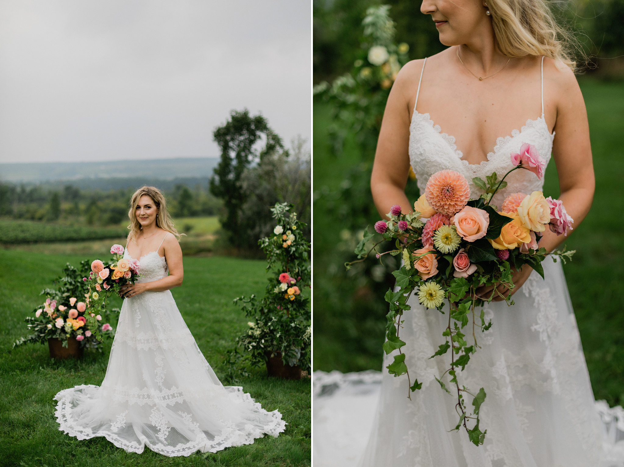 Bride with lace gown, windswept hair and a natural coral bouquet