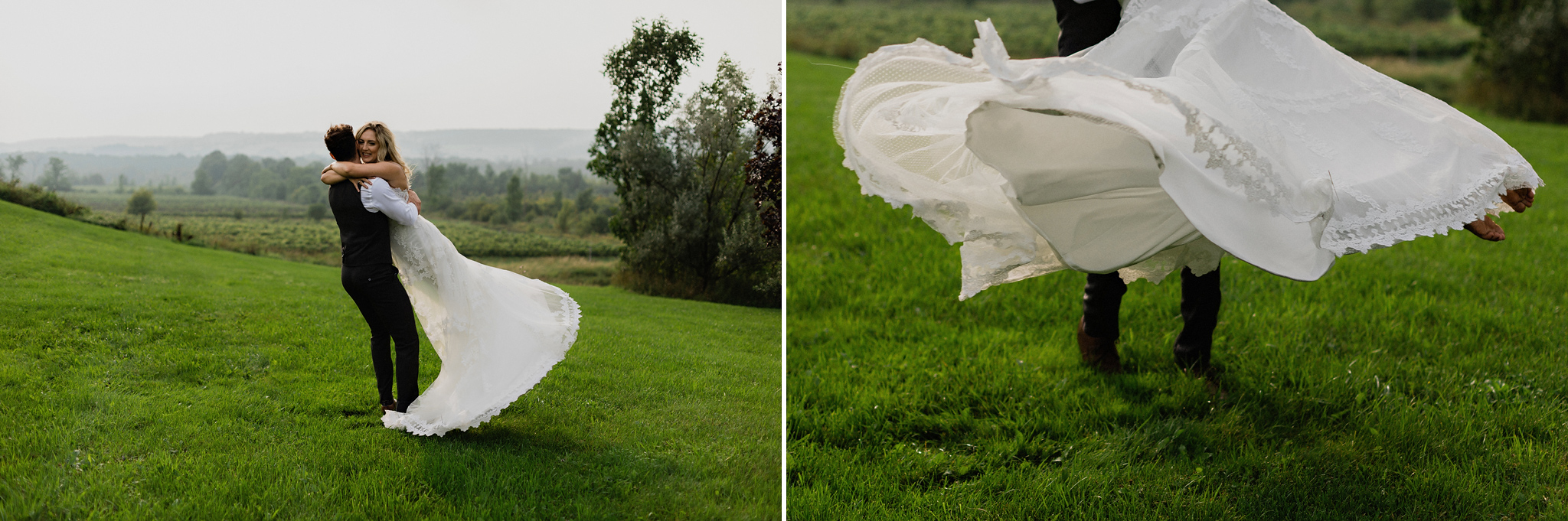 Lighthearted bride and groom spin in a field at Coffin Ridge Bou