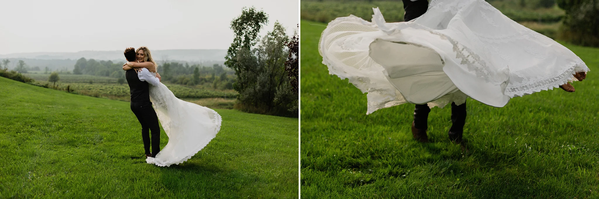 Lighthearted bride and groom spin in a field at Coffin Ridge Bou