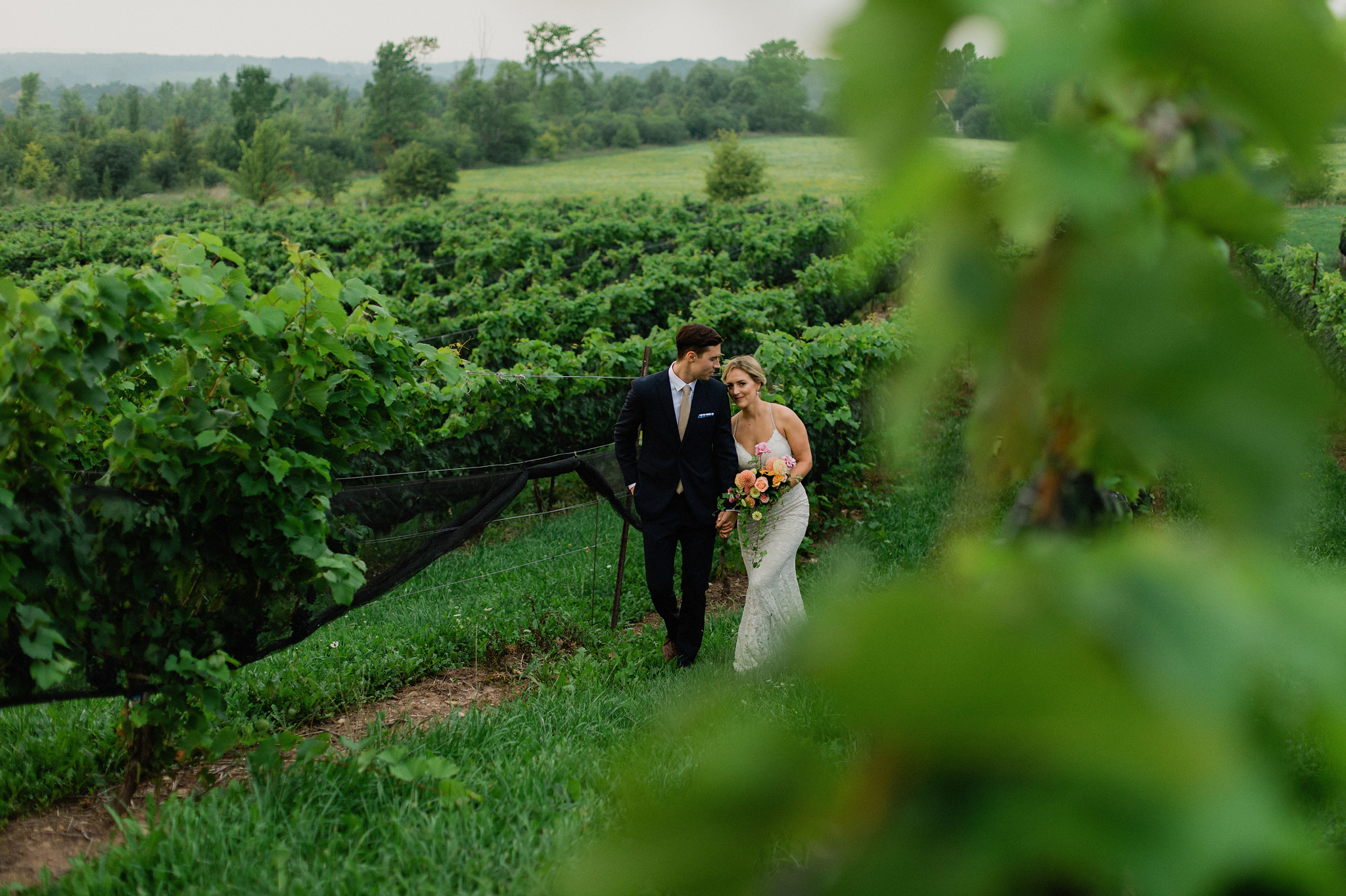 Bride and groom portraits in the vineyards at Coffin Ridge Bouti