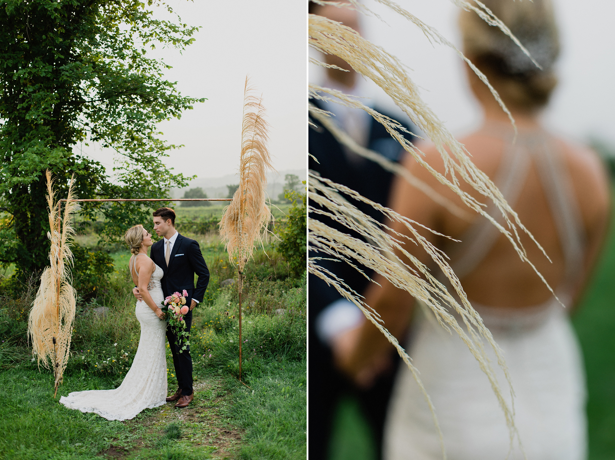 Couple stand at copper and dried grass wedding arch at Coffin Ri