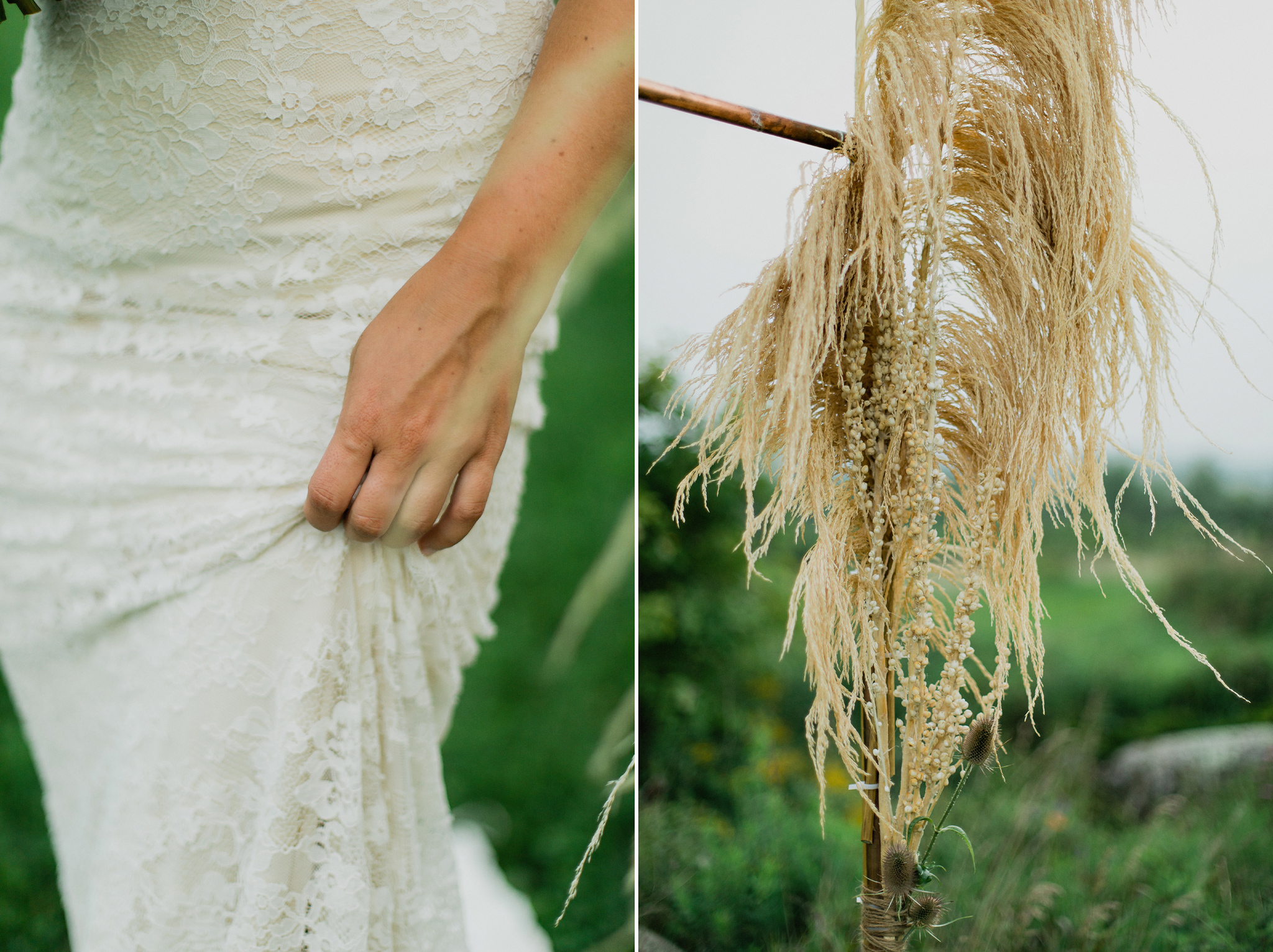 copper arch with dried grasses and bride with lace gown