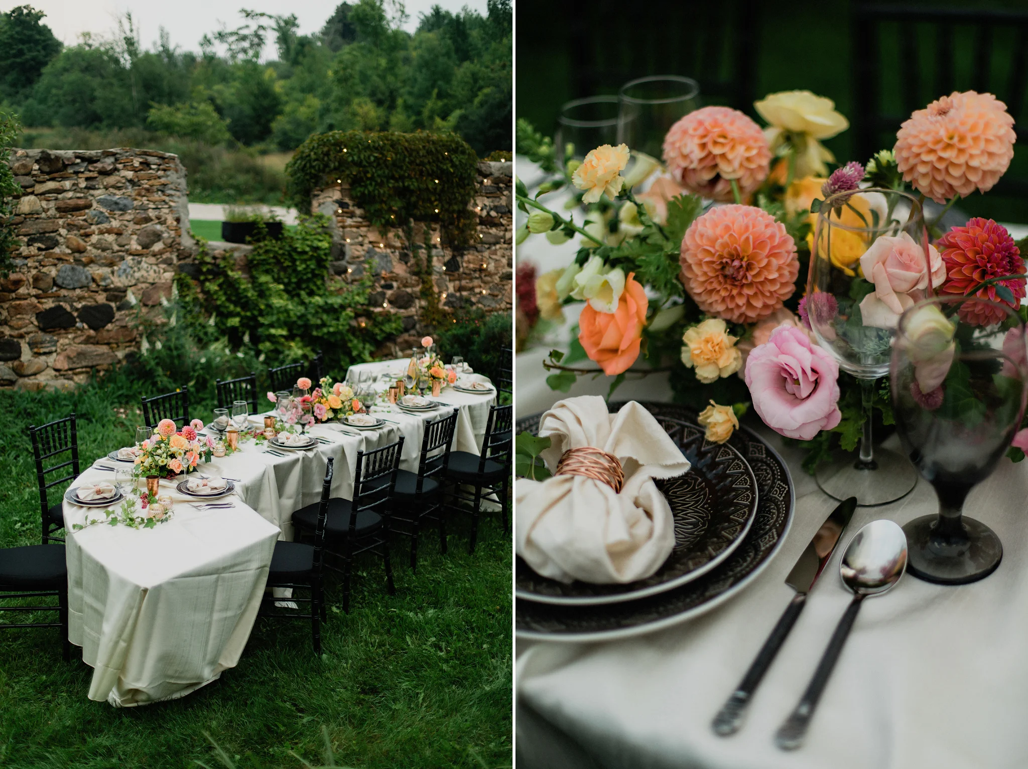 Coral toned with dahlias floral centrepiece with grey and copper