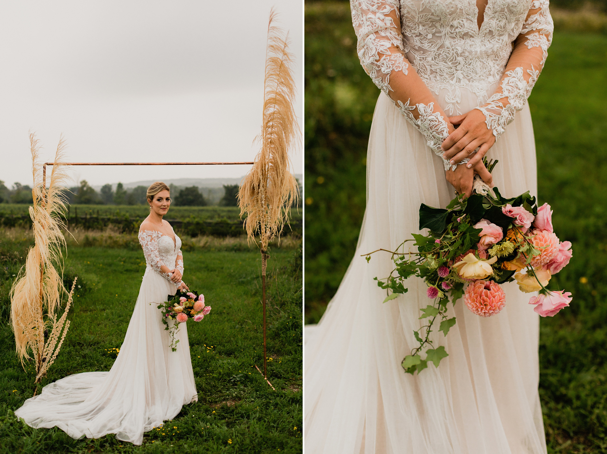 Golden hour bridal portraits under copper and dried grasses arch