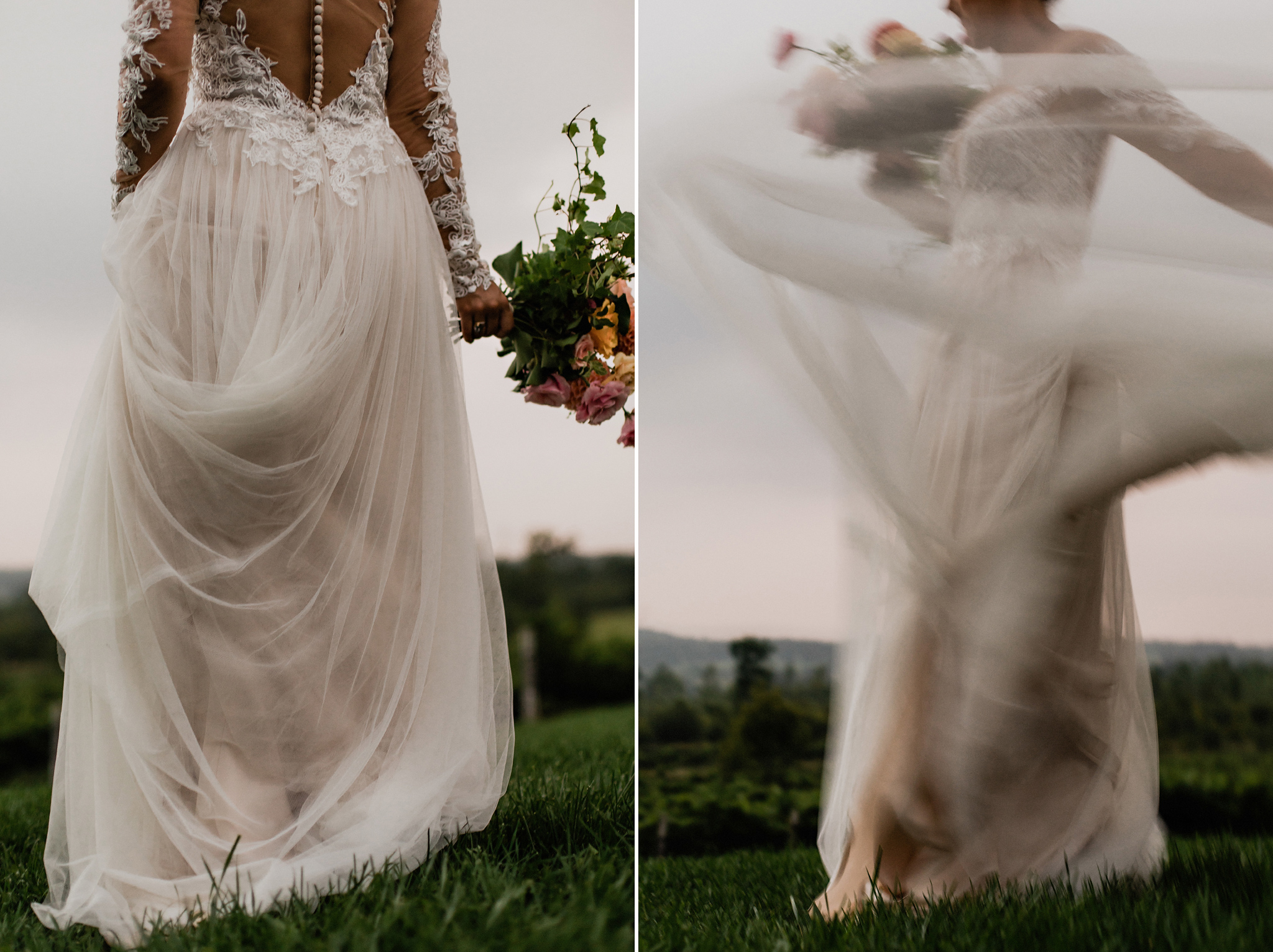 Bride swishes her chiffon and lace gown at Coffin Ridge Boutique