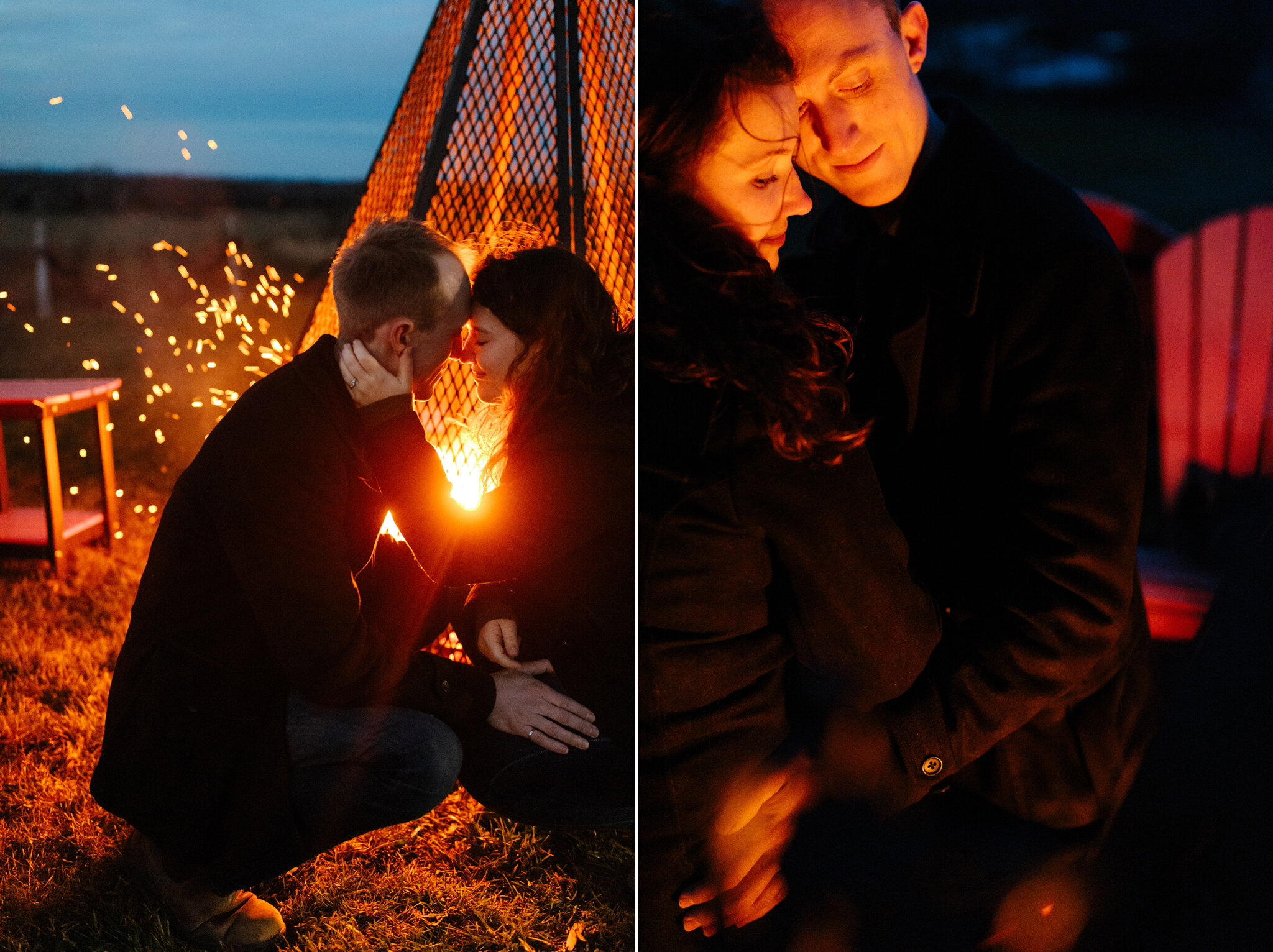 Bonfire Coffin Ridge Winery Engagement Session after dark