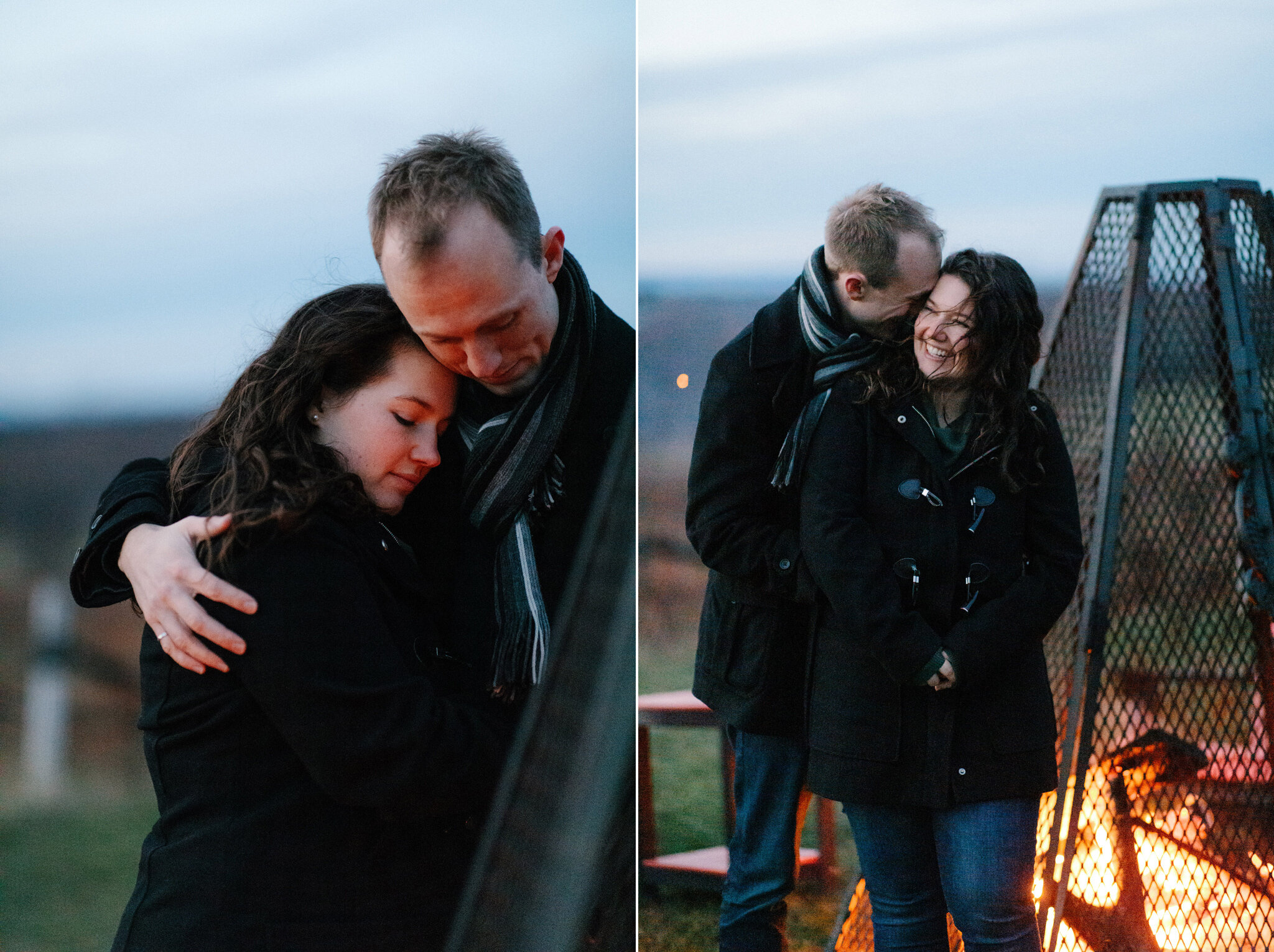 Bonfire Coffin Ridge Winery Engagement Session after dark
