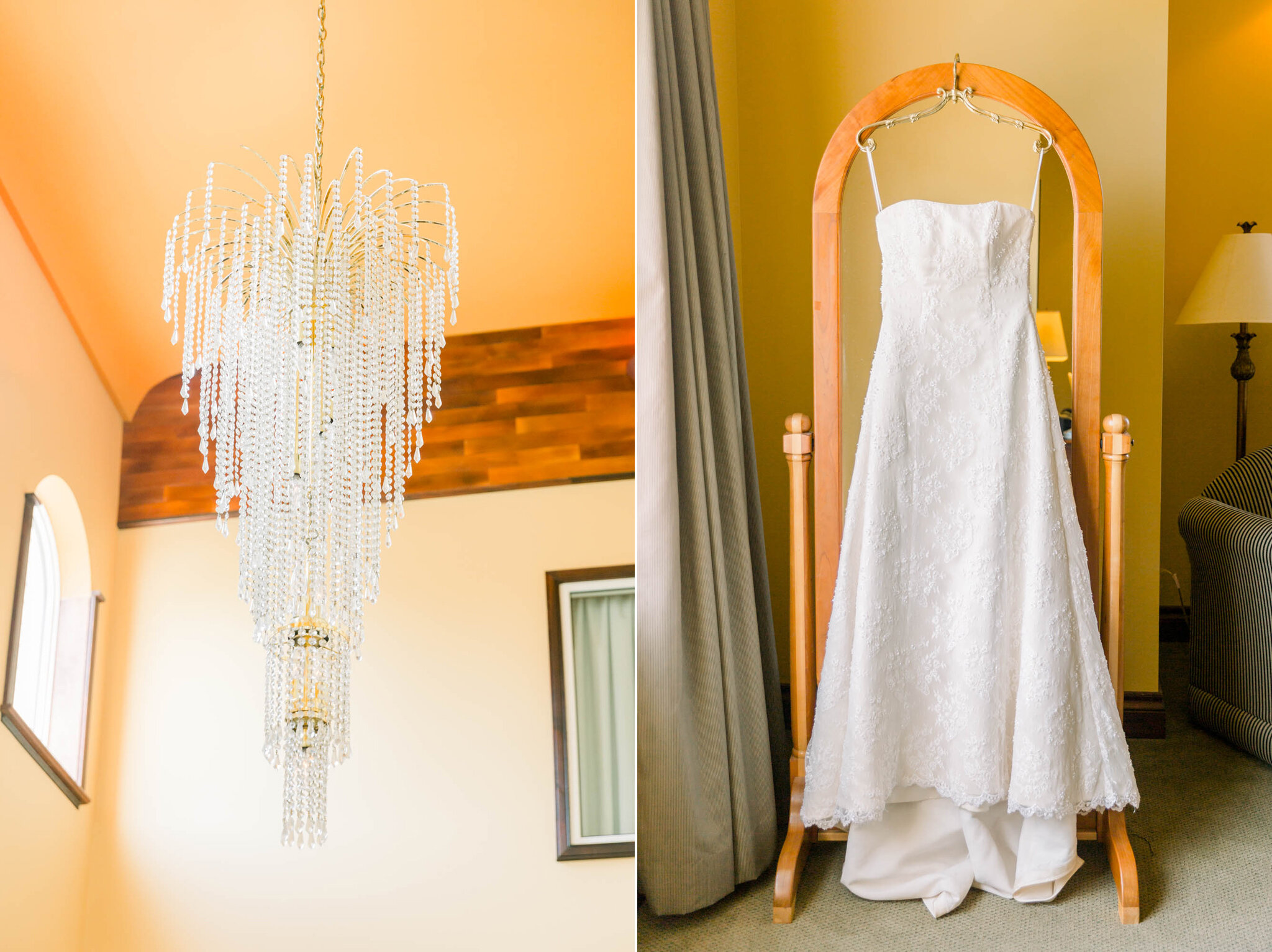 Wedding gown hanging in bridal suite at Walters Falls Inn