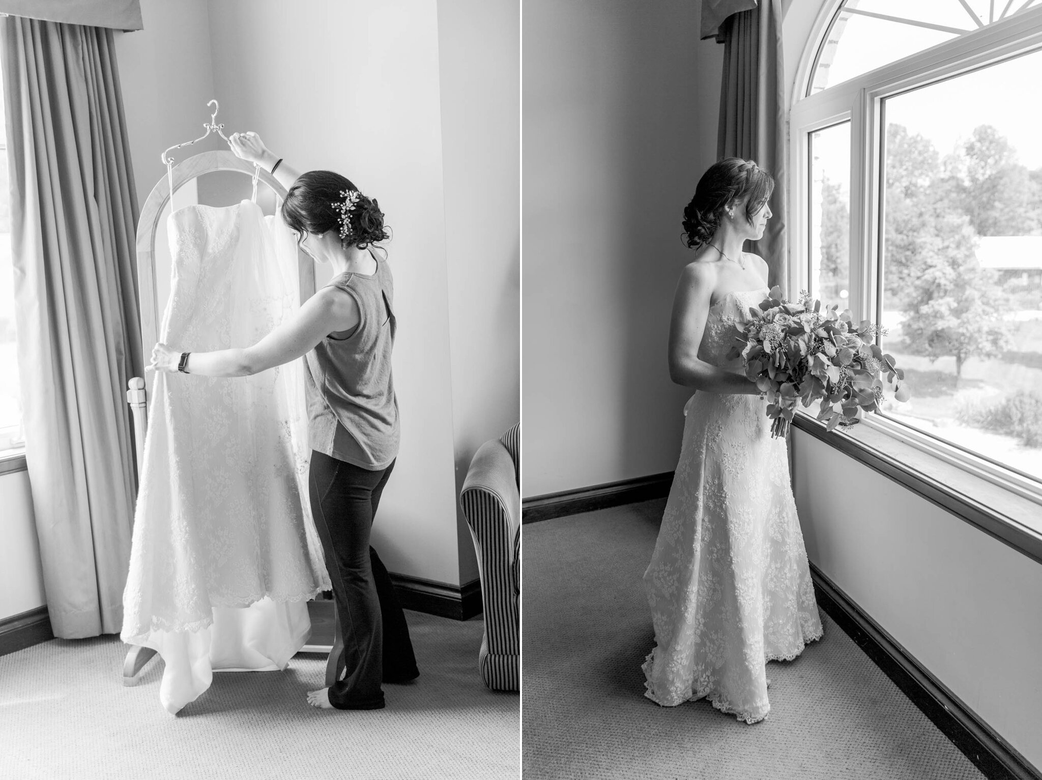 Bride holding wedding gown in bridal suite at Walters Falls Inn