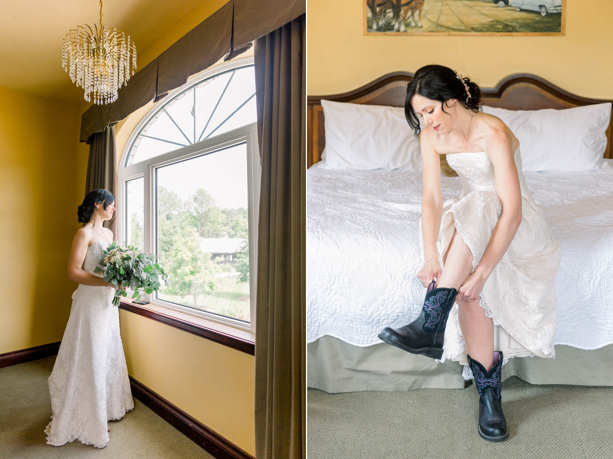 Bride getting ready in bridal suite of Falls Inn and Spa in Walt